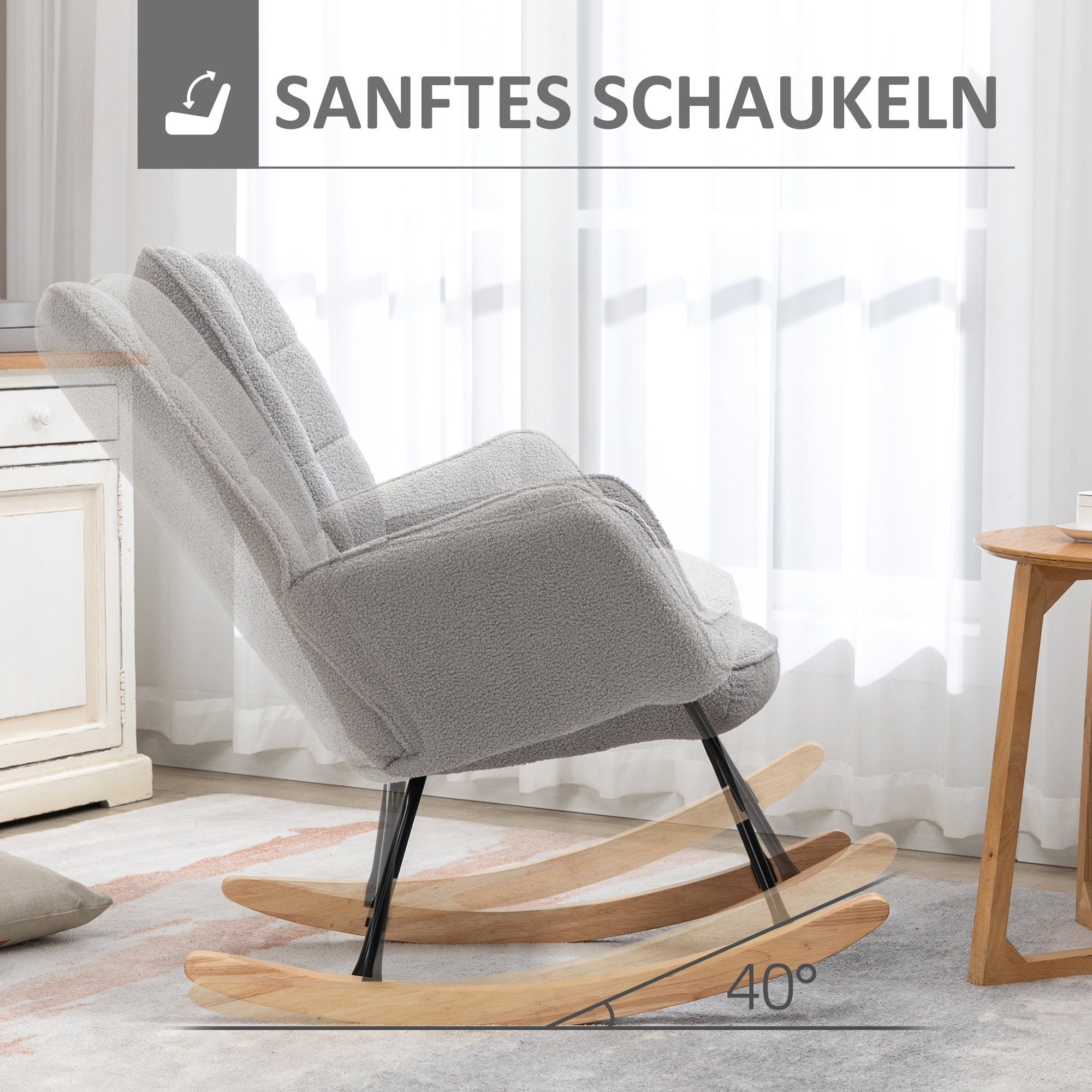 HOMCOM Schaukelstuhl Massivholz, Schwingsessel, 71 cm x 92 cm x 101 cm, Grau (Set, 1 St), Schaukelsessel, bis 120 kg, Berbervlies, Hellgrau