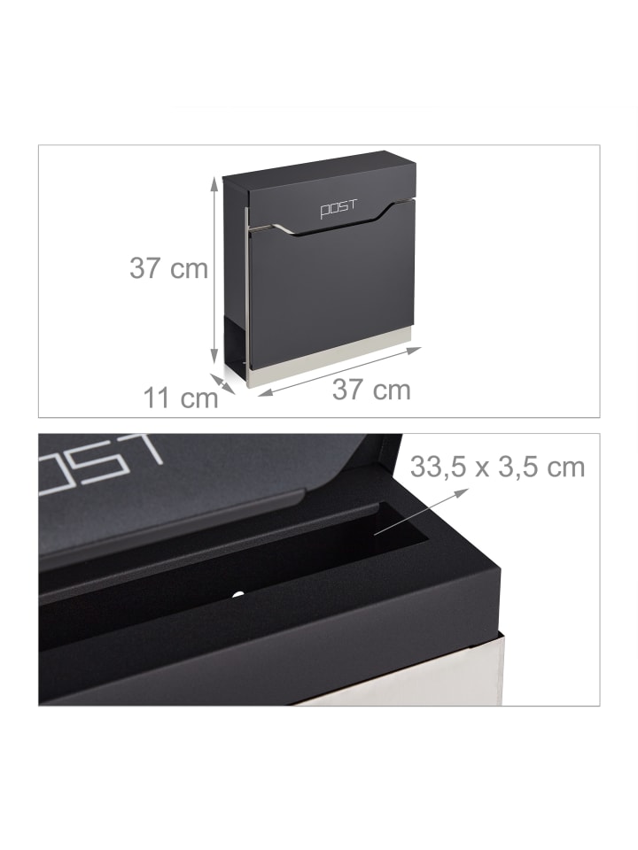 relaxdays Briefkasten in Schwarz/ Silber - (B)37 x (H)37 x (T)11 cm günstig kaufen onesize