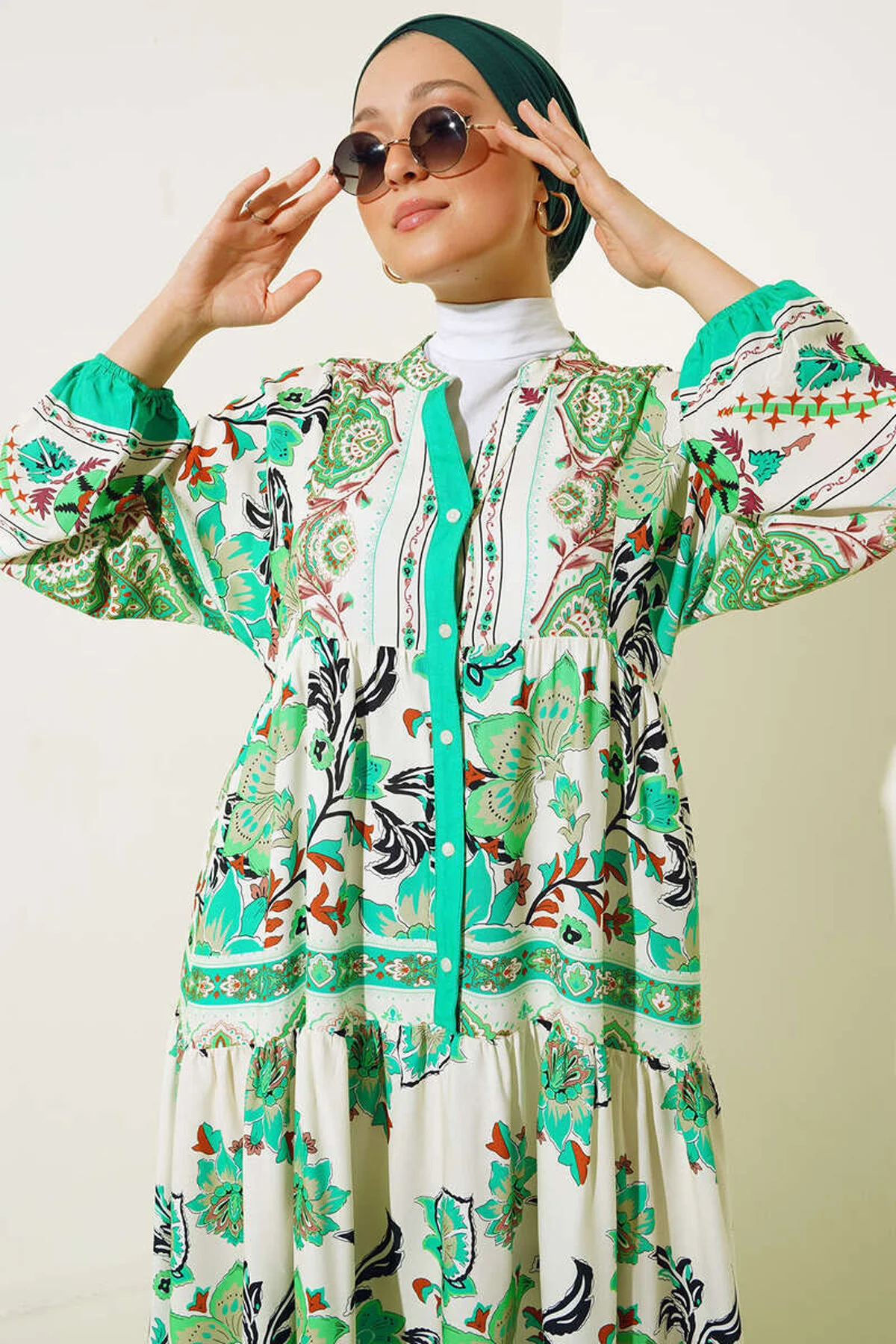 Bigdart  2423 Authentisches gemustertes Hijab-Kleid – Grün