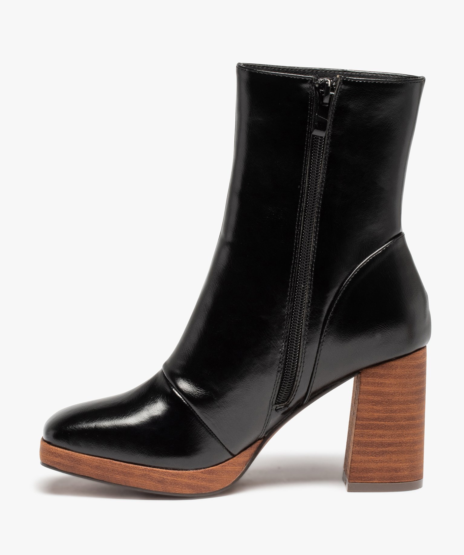 Boots femme à talon dessus uni et bout carré noir | GEMO