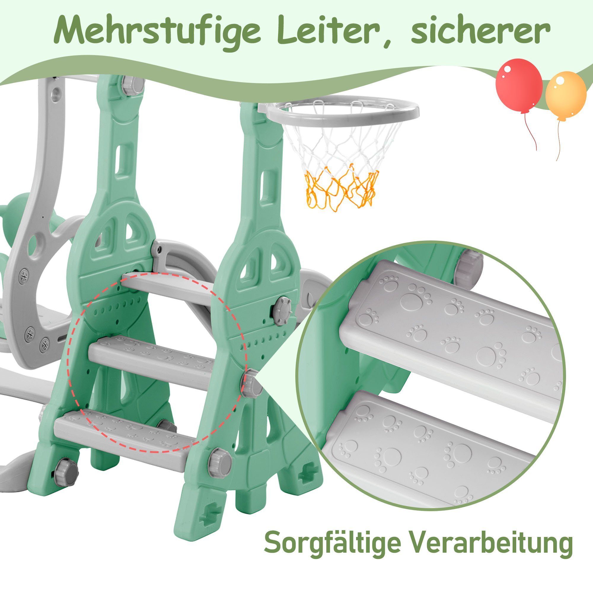 Ulife Indoor-Rutsche 4 in 1 Rutsche Kinderrutsche Fun-Slide Schaukel mit Basketballkorb, für In- und Outdoor