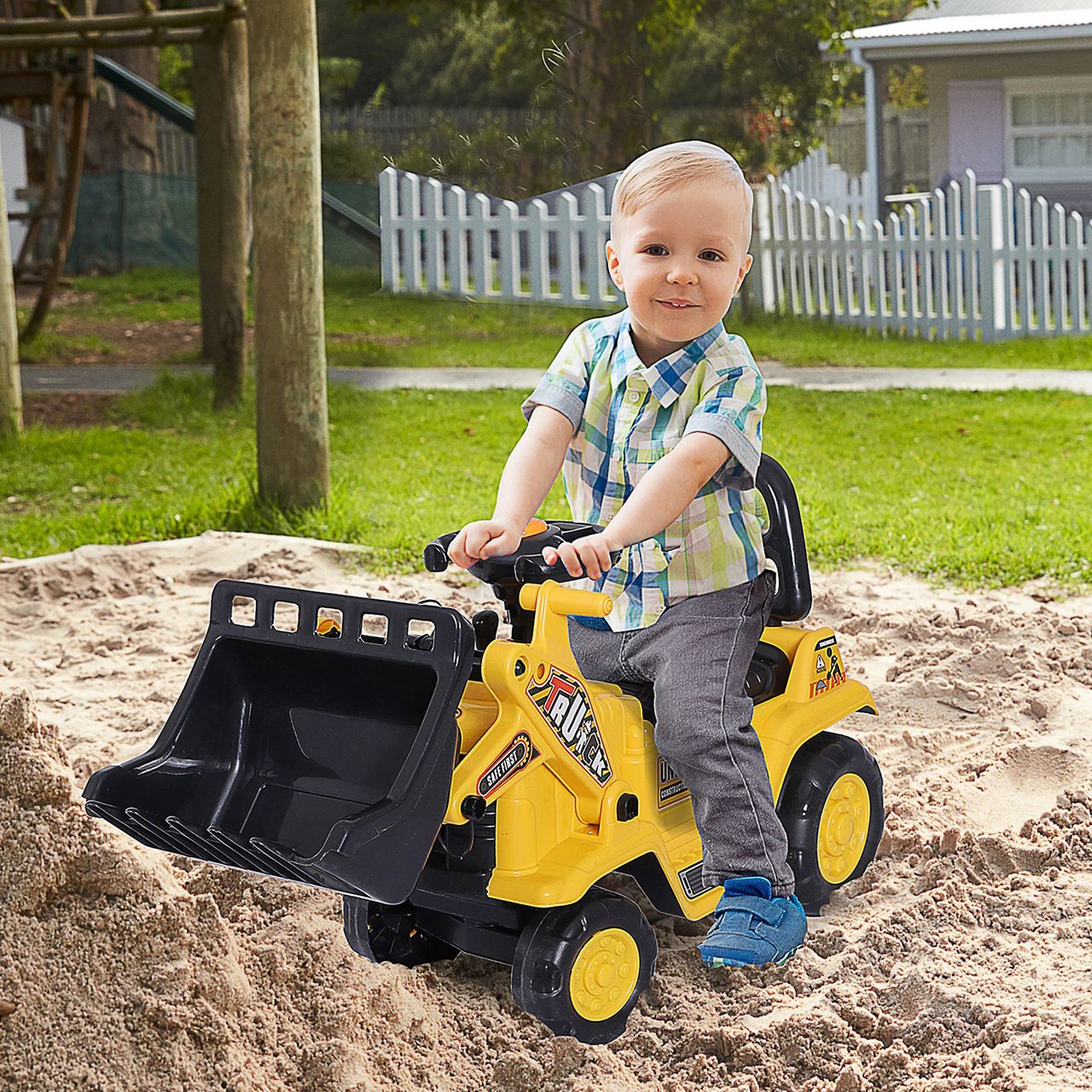 HOMCOM Sitzbagger mit eingebautem Ablagefach Kinder Rutscher Bagger mit Hupe
