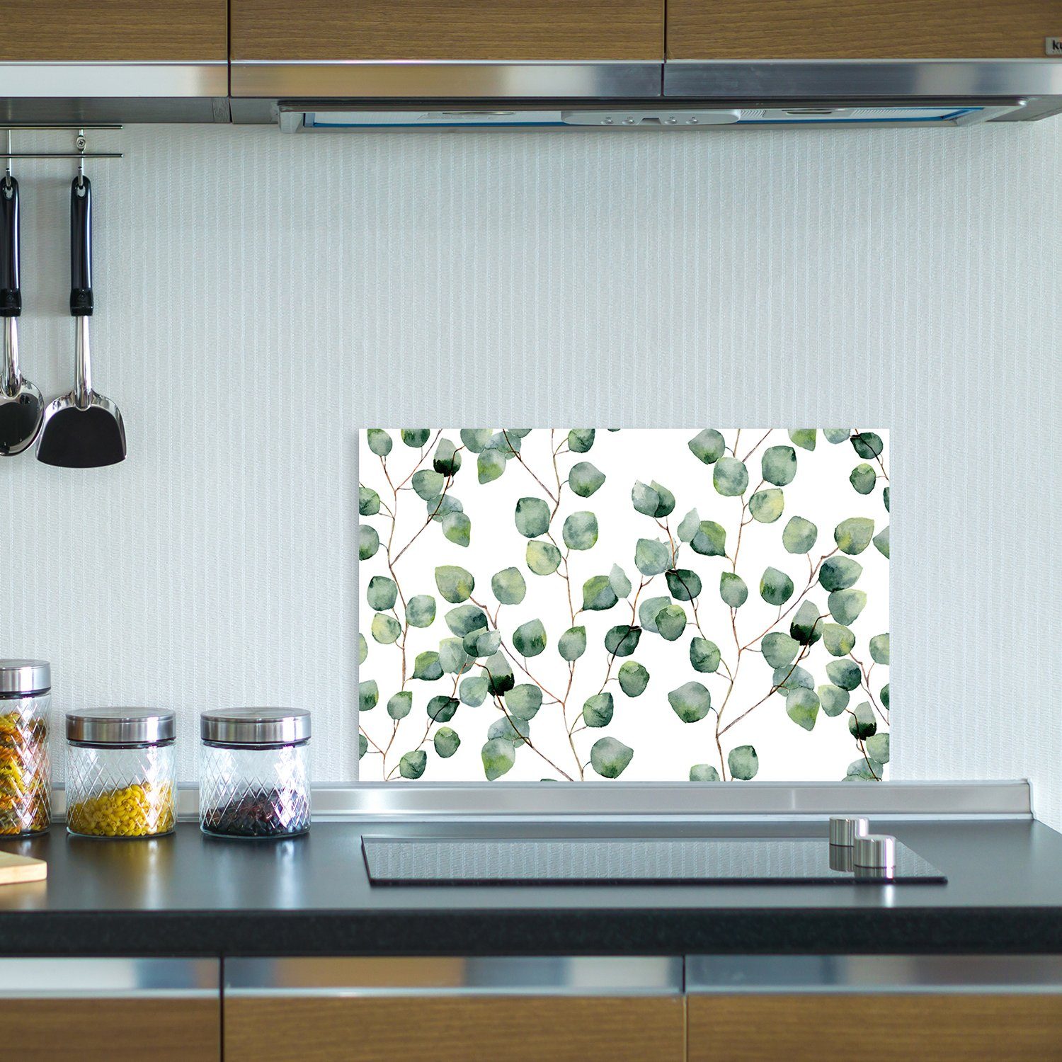 queence Küchenrückwand Eukalyptus - Spritzschutz Wandschutz für Herd & Spüle - Alu-Dibond, (1-tlg), 60x40x0,3 cm - Hitzebeständig - Herdspritzschutz - Aquarell - Blätter