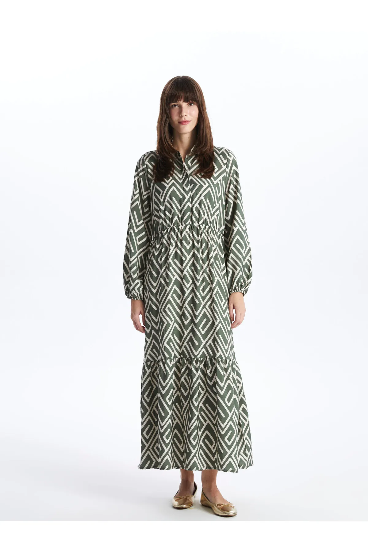 LC Waikiki  Gemustertes langärmliges Damen-Hemdkleid