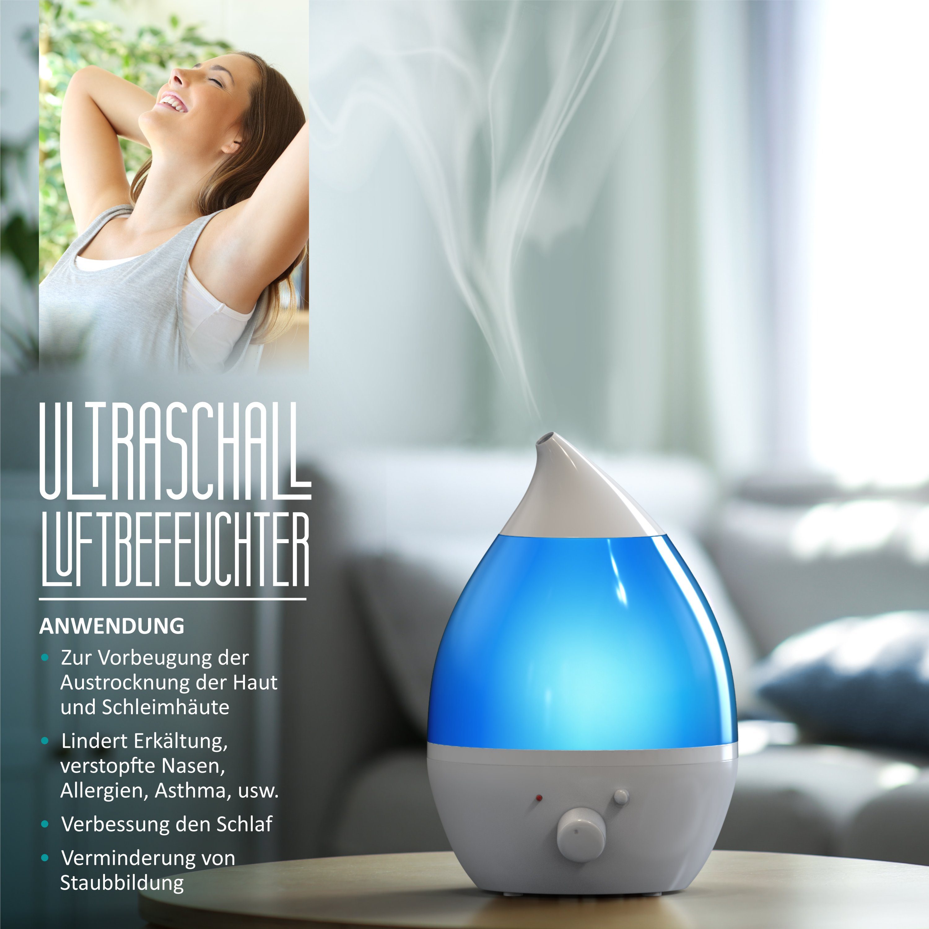 Arendo Luftbefeuchter, 1,3 l Wassertank, Raumbefeuchter mit Ultraschall & LED-Farbwechsel inkl. Wasserfilter