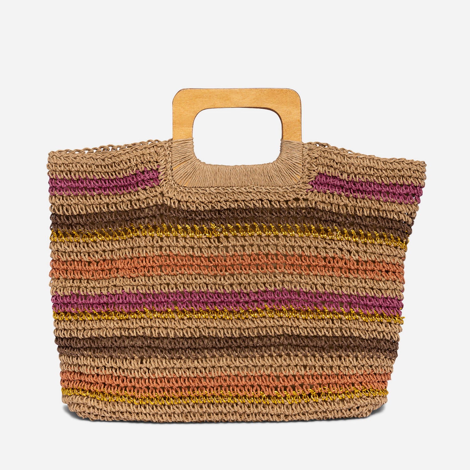 Sac cabas TEXTO beige rayé rose, marron, doré, orange