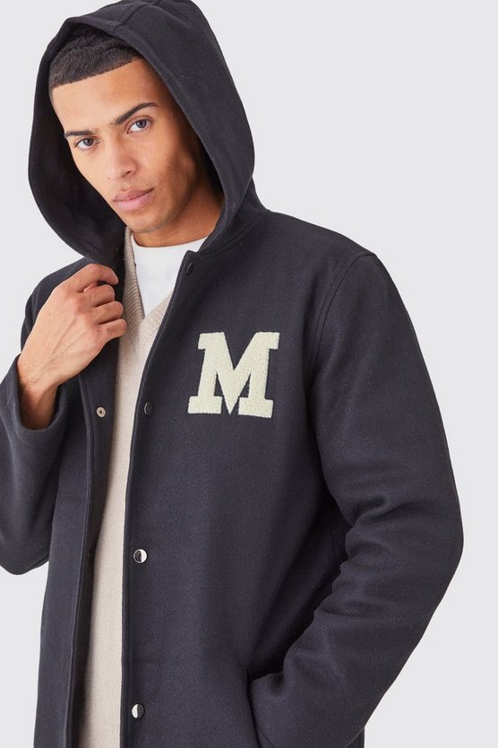 Melton Mantel im College-Stil mit Kapuze