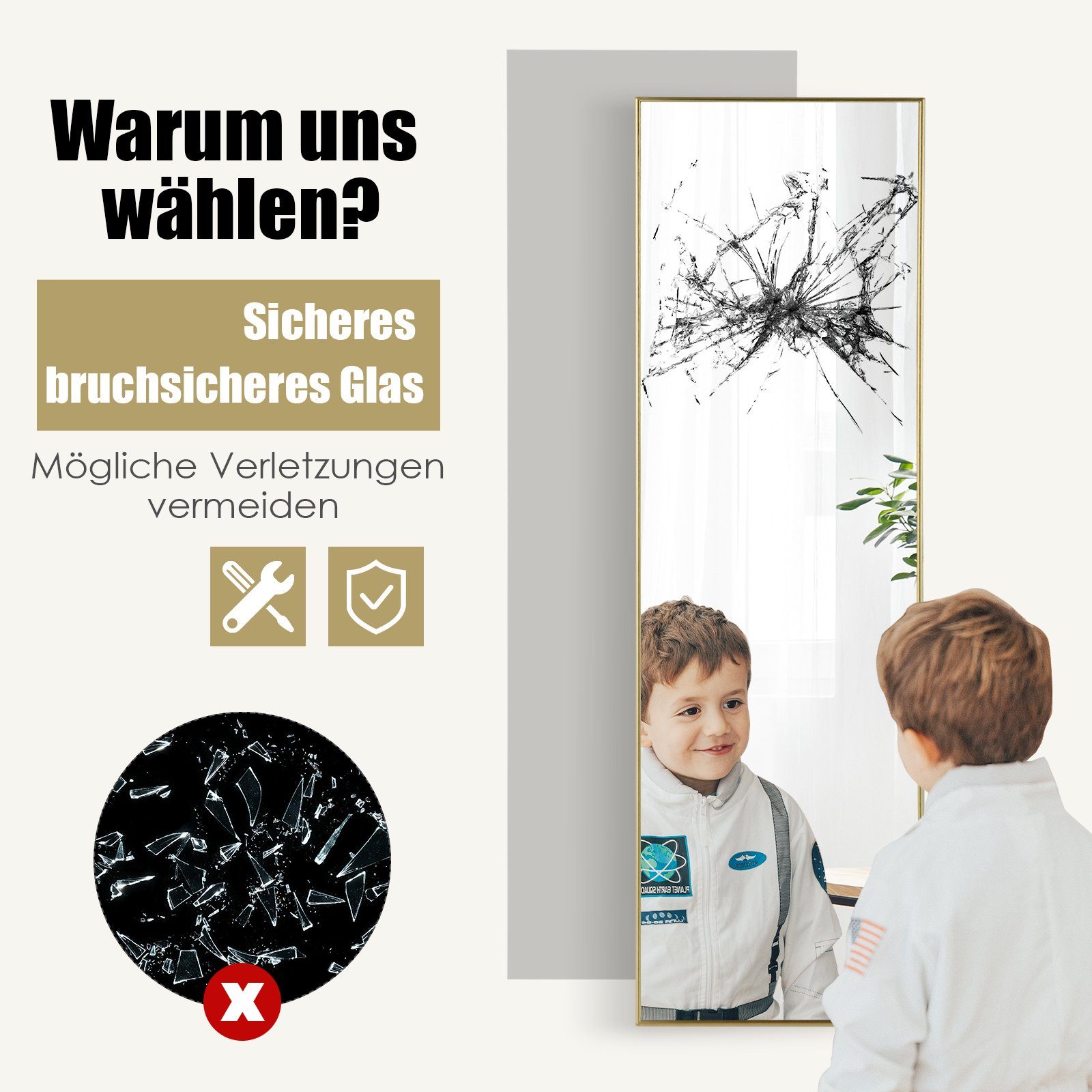 COSTWAY Wandspiegel, Ganzkörper, 37x120cm, höhenverstellbare Hängehaken, Alu