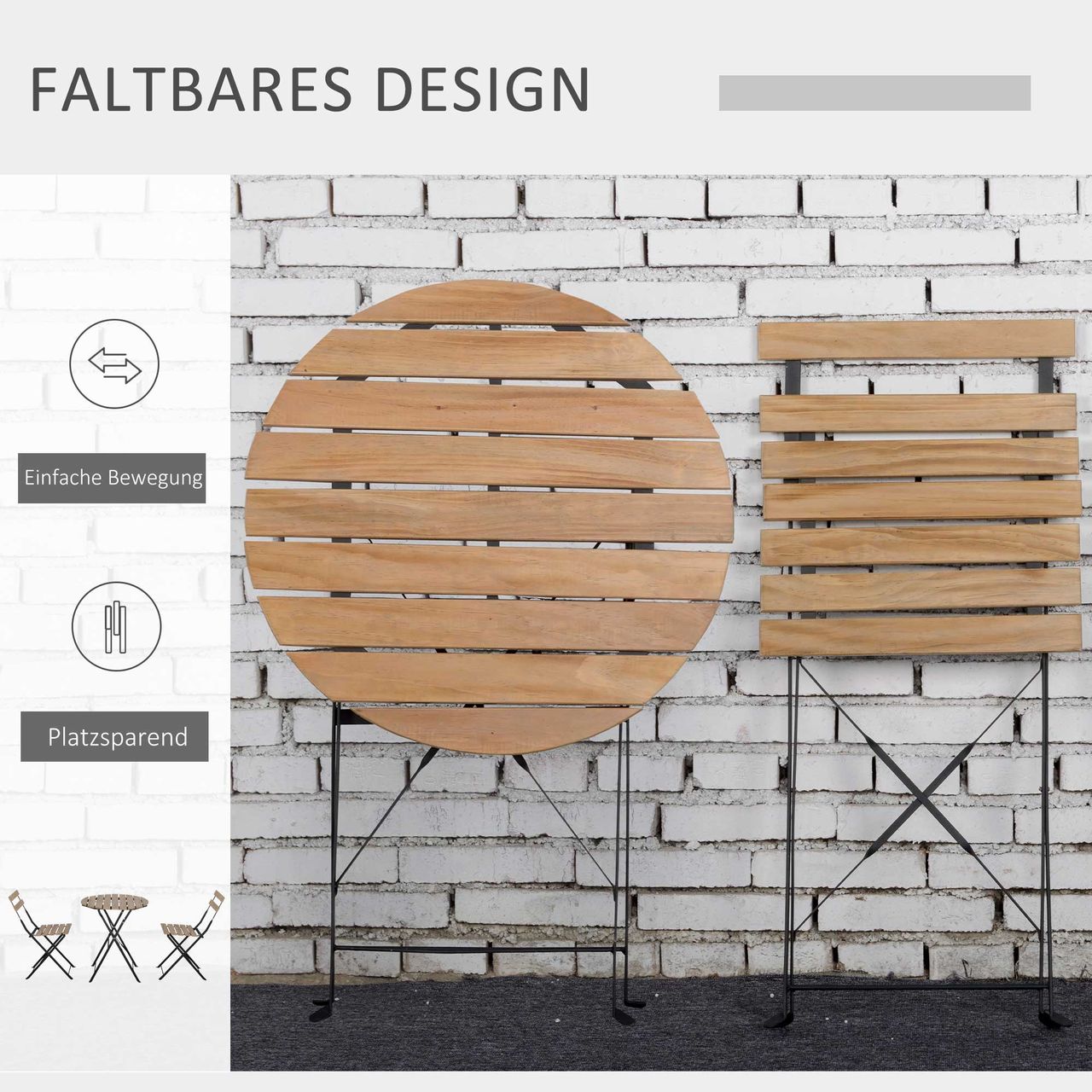 Outsunny Bistroset 3-tlg. Klappbar Gartenset Balkonset Bistrotisch mit 2 Stühlen Gartenmöbel Metall Kiefernholz Natur