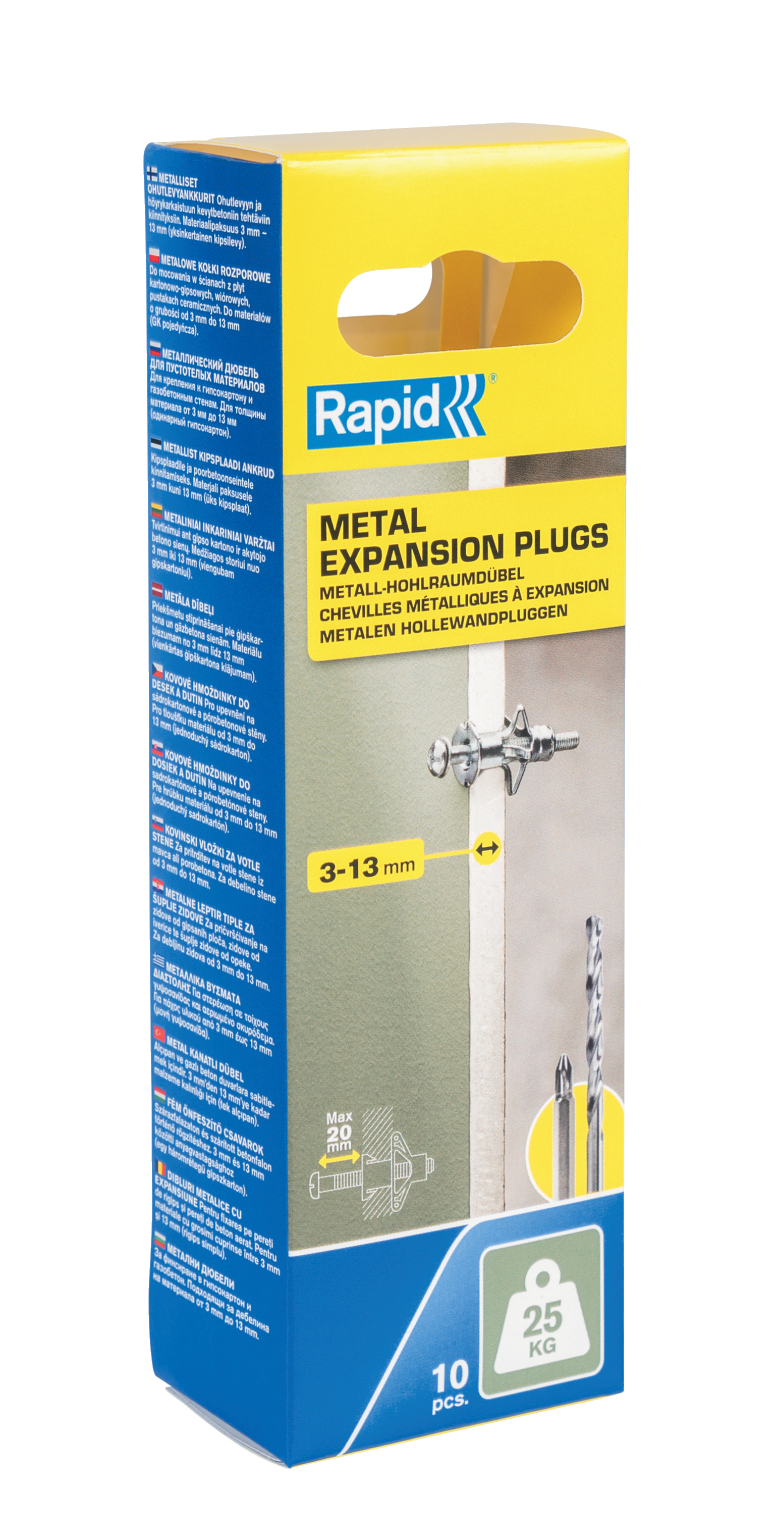 Rapid 5001546 Hohlwanddübel für Plattenstärken von 3-13 mm, Tragfähigkeit 25 kg