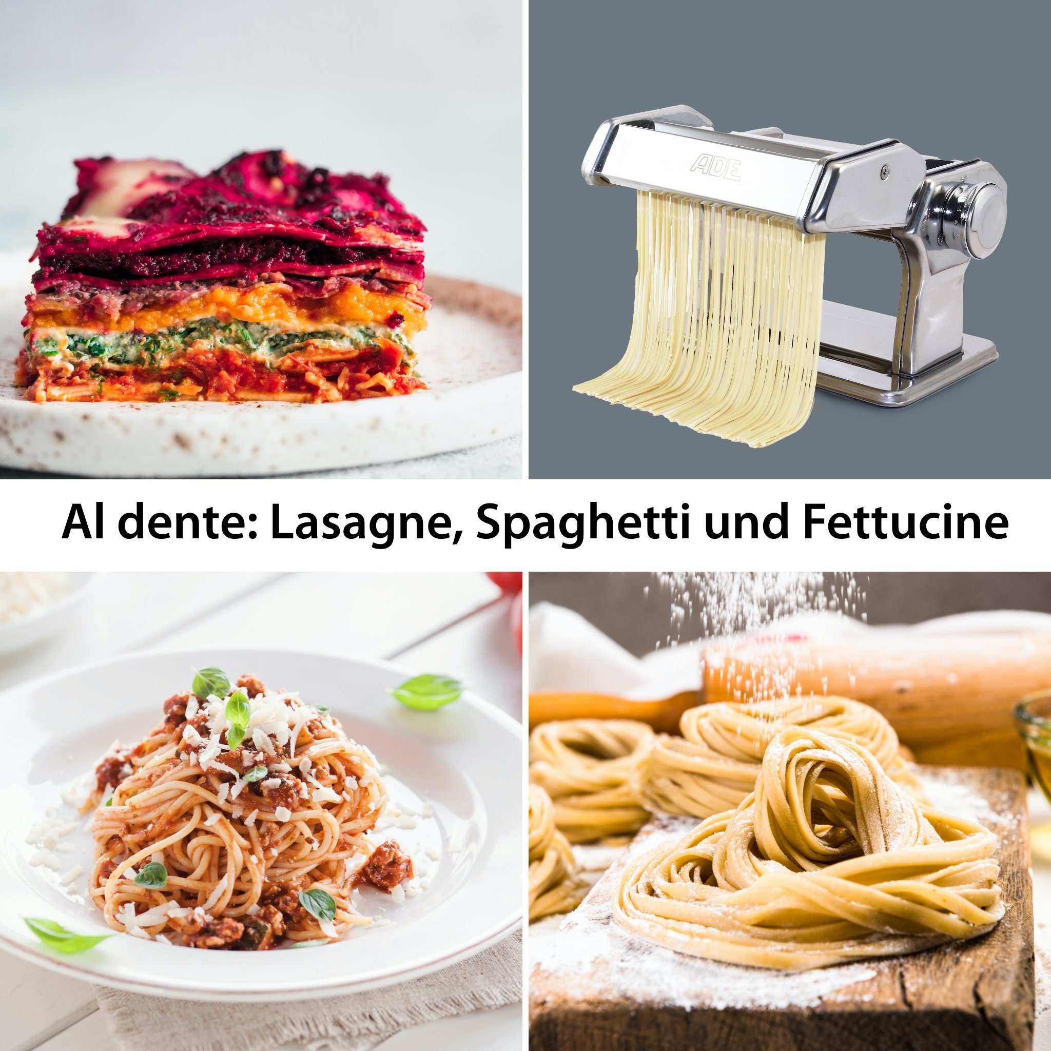 ADE Nudelmaschine Edelstahl, manuelle Pastamaschine, Pastamaker zur Herstellung von Lasagneplatten, Spaghetti, Fettuccine