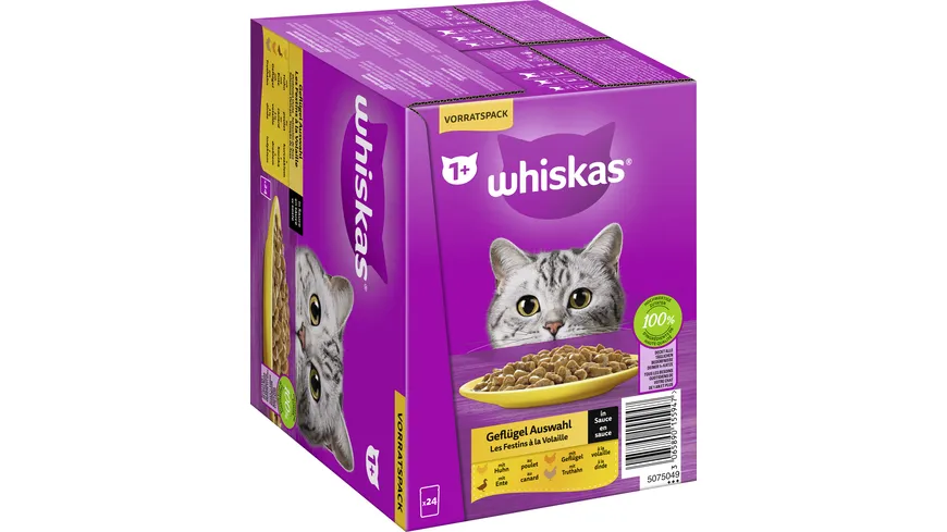 Whiskas® Portionsbeutel Vorratspack 1+ Geflügel Auswahl in Sauce Katzennassfutter 2040 g
