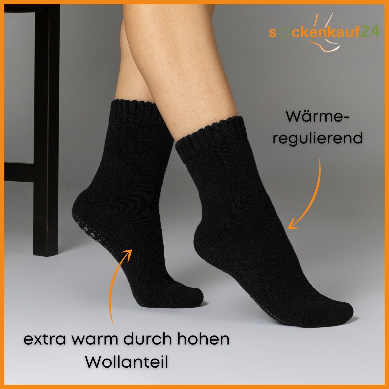 sockenkauf24 ABS-Socken 2, 4 oder 6 Paar Damen & Herren ABS Socken Anti Rutsch (Schwarz/Anthrazit, 2-Paar, 43-46) Socken mit Wolle - 21463 WP