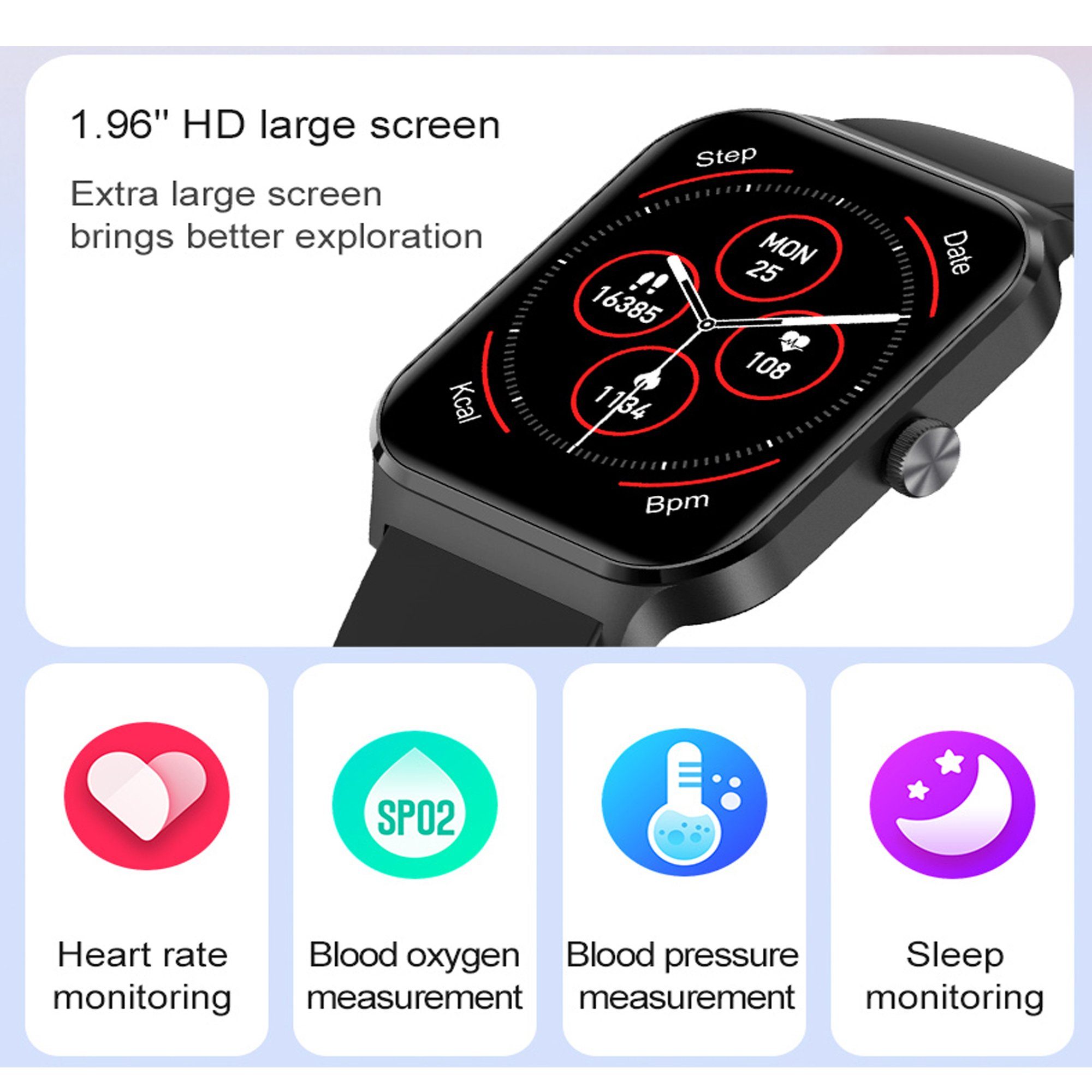 IBETTER Smartwatch,Fitness Tracker Uhr für,Damen Herren Smartwatch Smartwatch (1,96