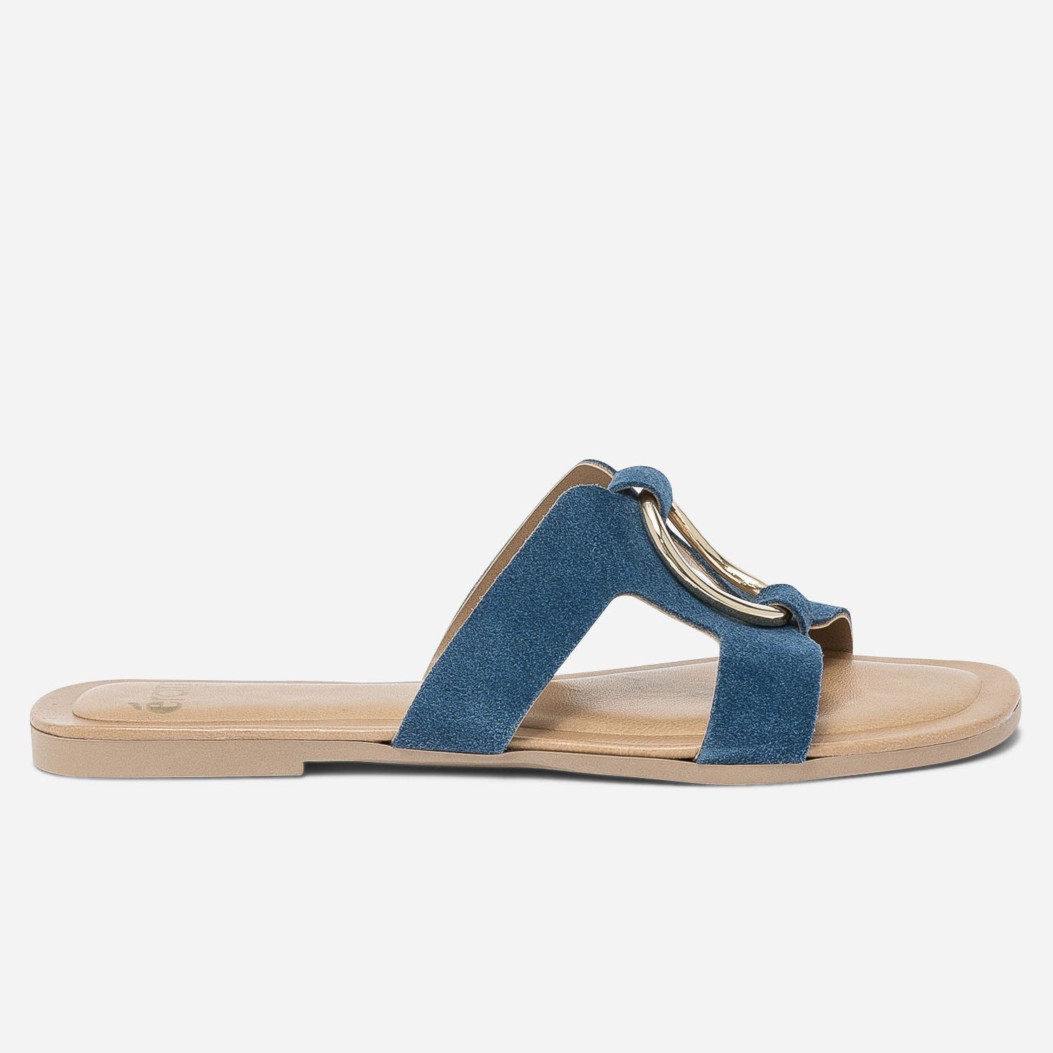 Mule bleue en cuir velours avec anneau