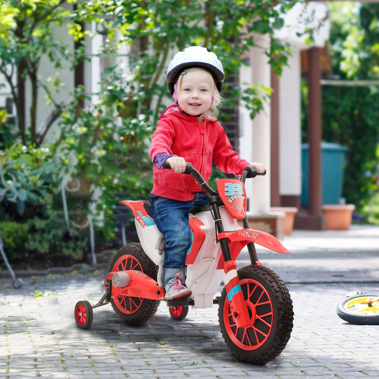 HOMCOM Elektromotorrad Kindermotorrad Kinderfahrzeug Elektrofahrzeug mit 2 abnehmbaren Stützrädern für Kinder ab 3 Jahren PP Metall Rot Weiß 106,5 x 51,5 x 68 cm