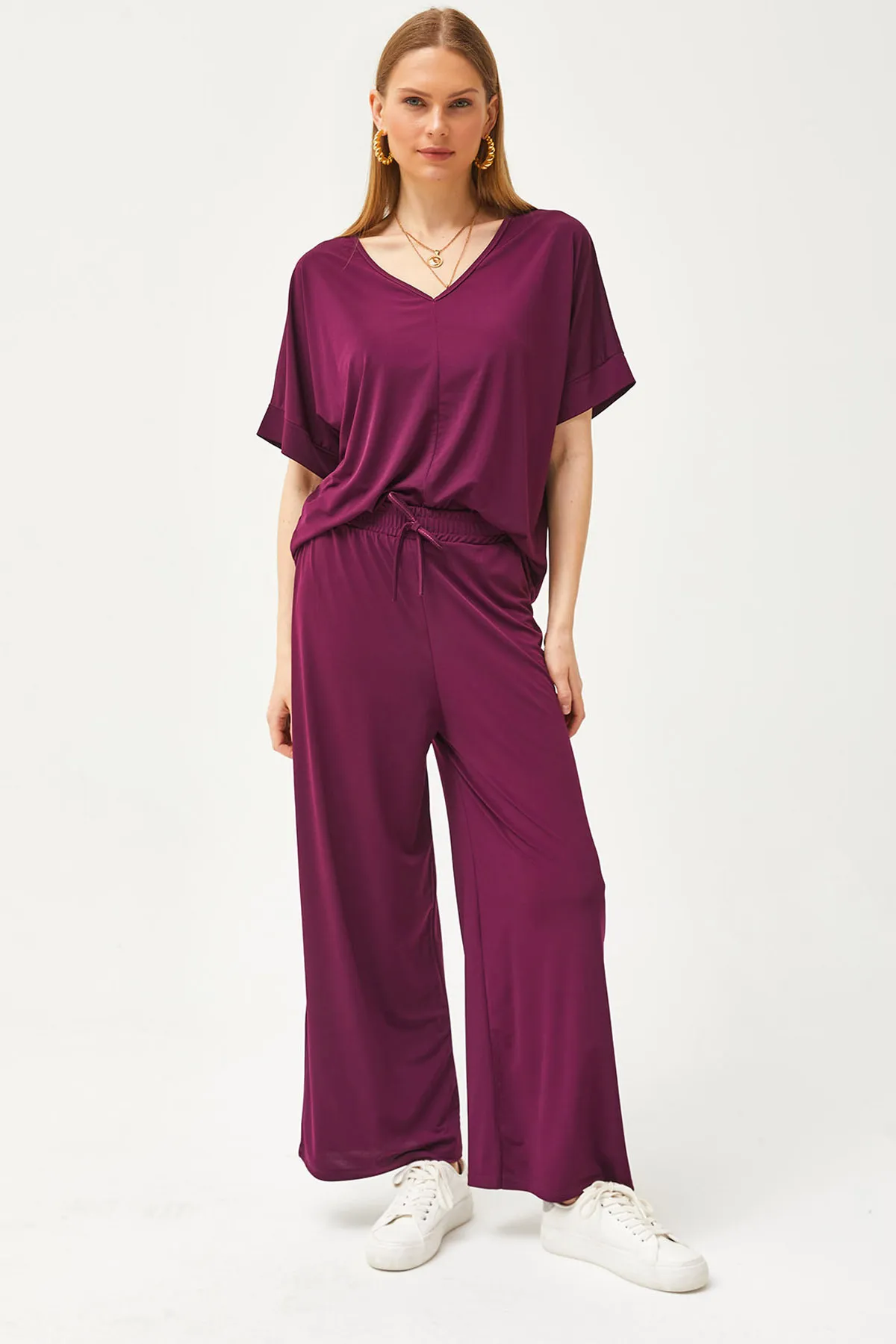 Olalook  Damen Pflaume Top Bluse Unterteil Palazzo Locker Strick Set TKM-19000267