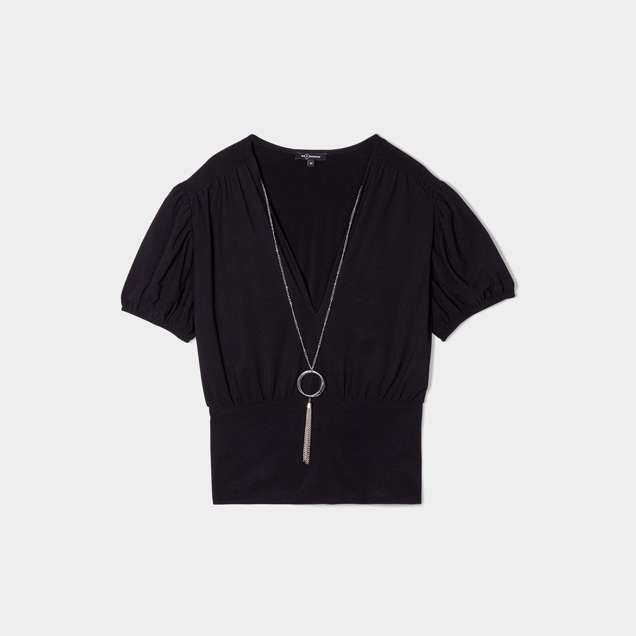 T-shirt col v bijou collier Mosquitos noir femme | La Halle