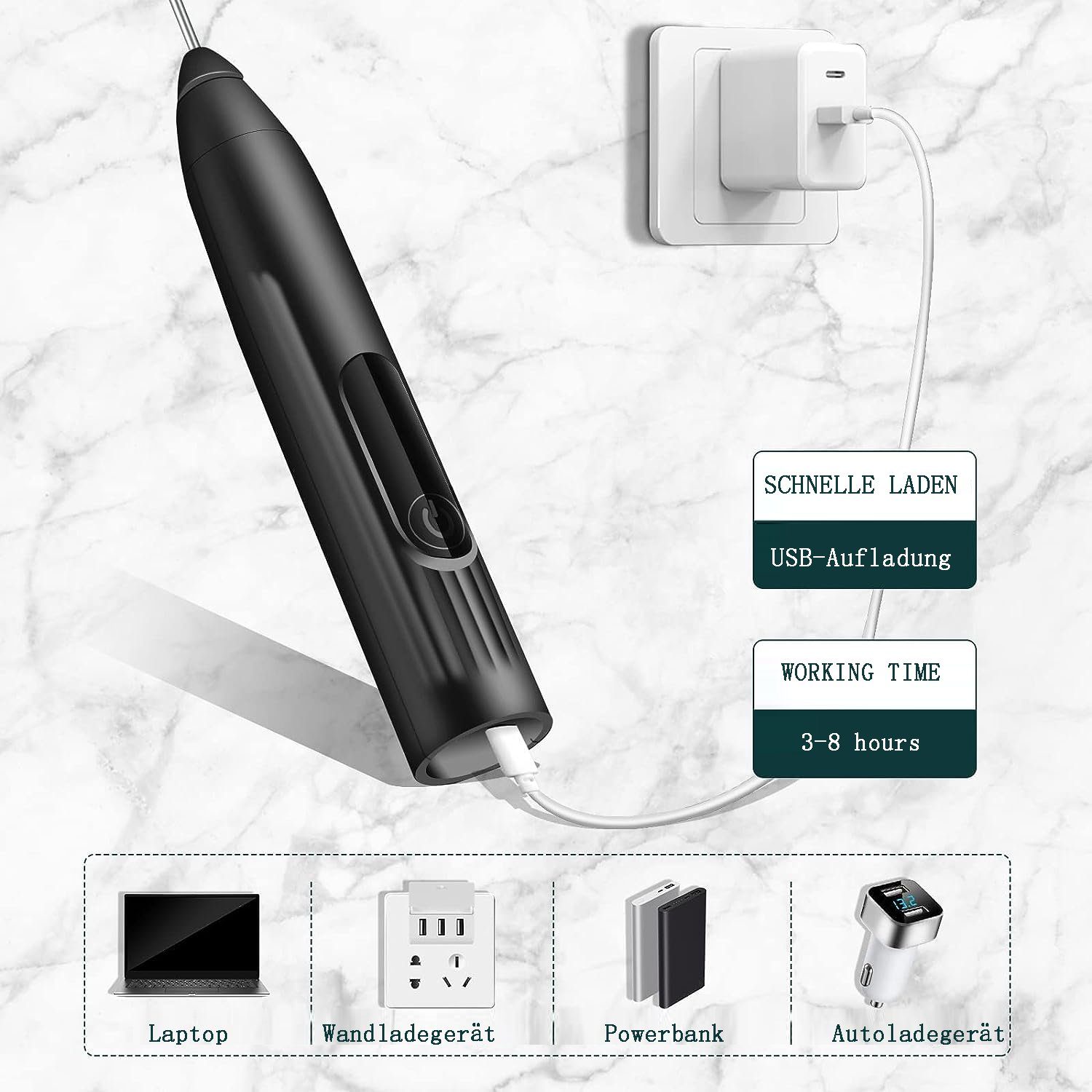 flowgoer Milchaufschäumer Elektrischer Milchaufschäumer-Stick, wiederaufladbar über USB, Elektromixer mit wiederaufladbarem USB, 3-fach verstellbar, Edelstahl