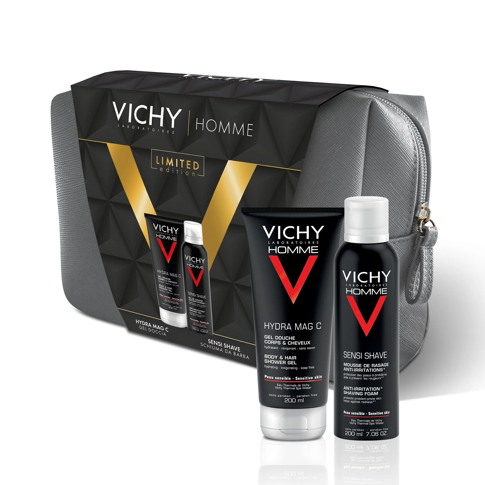 Vichy Homme Herren-Pochette mit Hydra Mag C Duschgel + Sensi Shave Rasierschaum – Geschenkset für Gesicht und Körper, Rasierschaum, Bad und Dusche