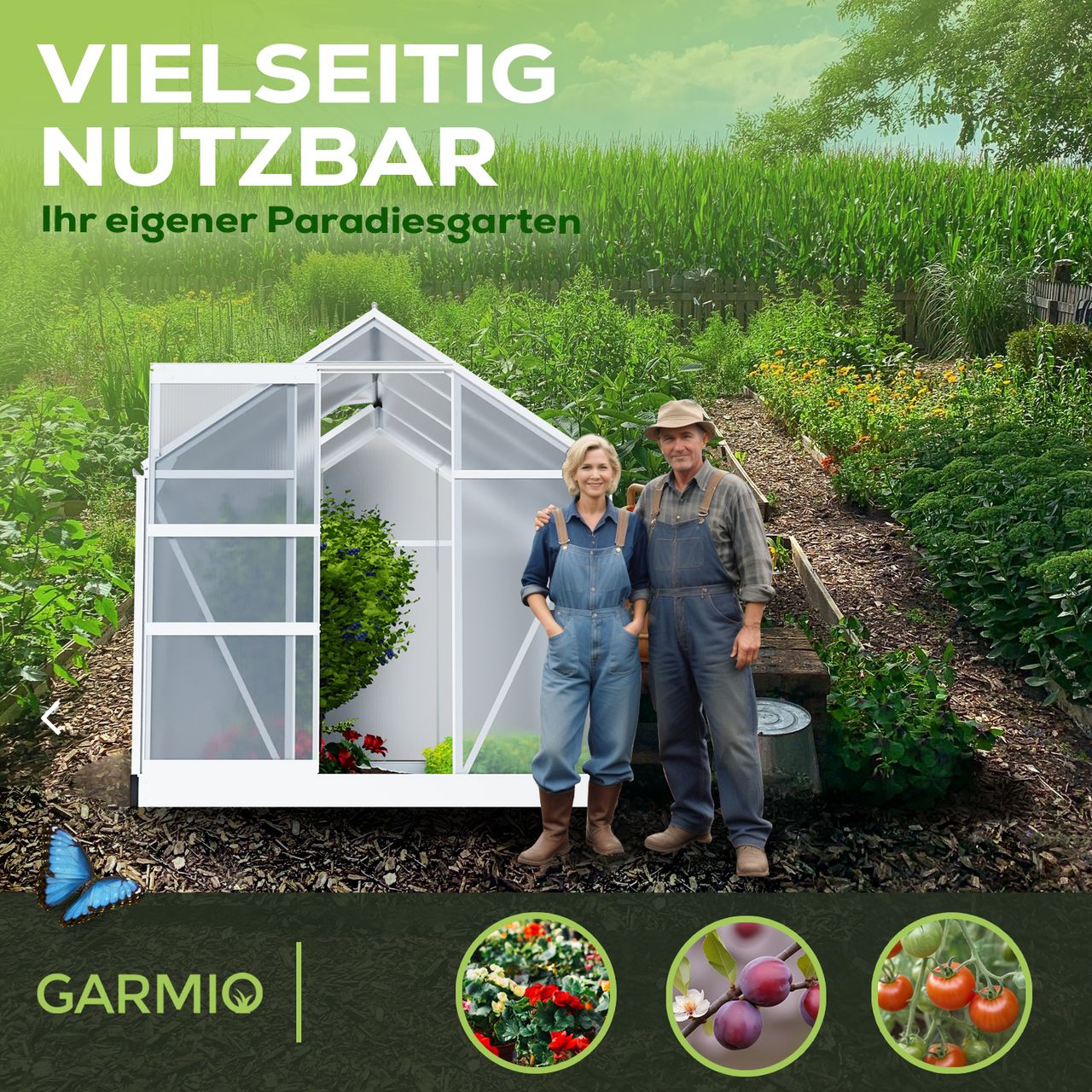Garmio Gewächshaus NEAPEL 250x190cm für Garten,Alu Frühbeet inklusive Fundament,2 Dachfenster