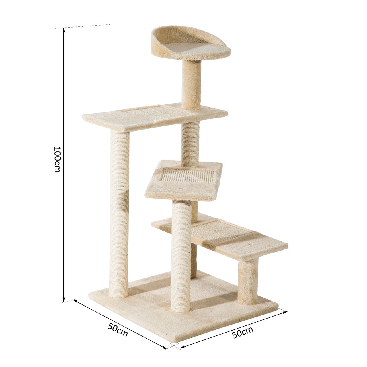 PawHut Kratzbaum mit Sisalsäulen, Katzenkratzbaum, Katzen Kletterbaum, Katzenbaum, Beige, 50 x 50 x 100 cm