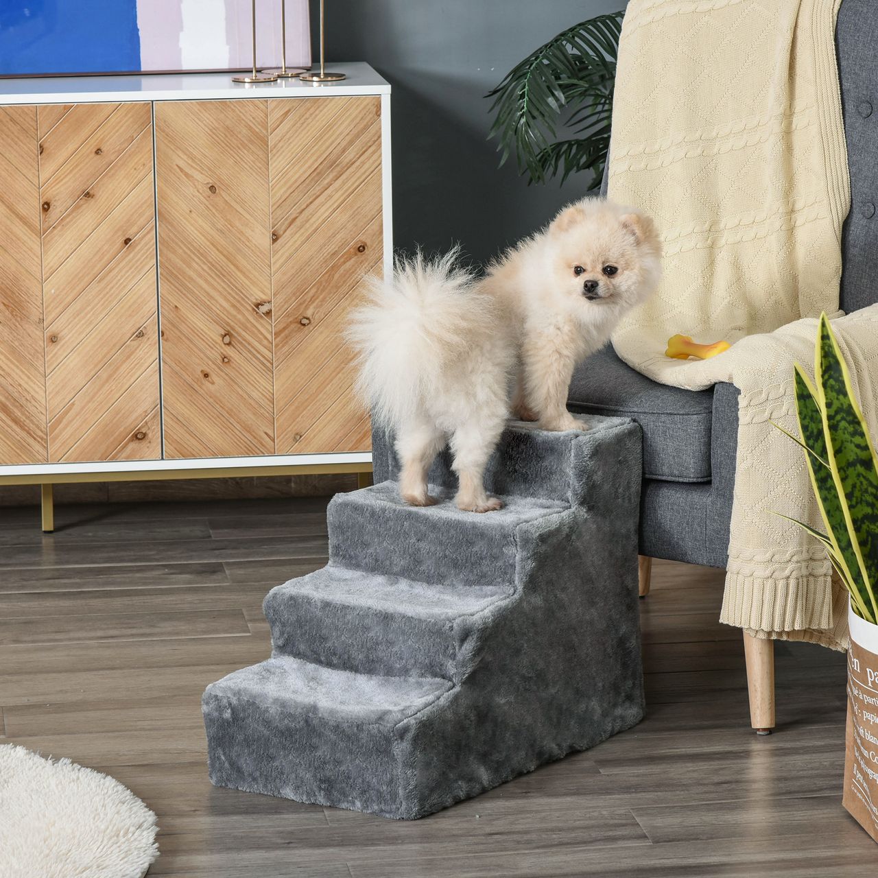 PawHut Haustiertreppe 4-stufige Hunderampe mit abnehmbarer Bezug Katzentreppe Hundetreppe Tiertreppe Spanplatte Plüsch Grau 60 x 35 x 44 cm