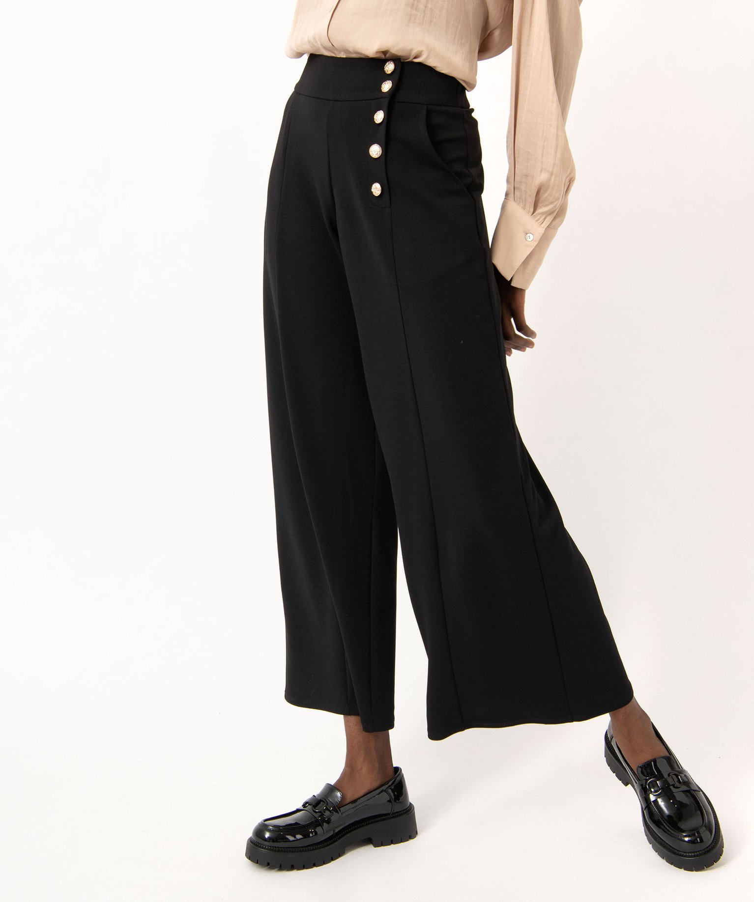 Pantalon large avec boutons fantaisie femme noir | GEMO