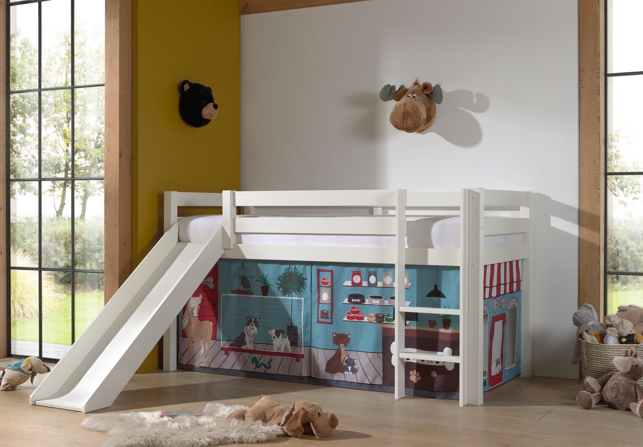 VIPACK Halbhohes Bett PINO, mit Rutsche und Textilset 