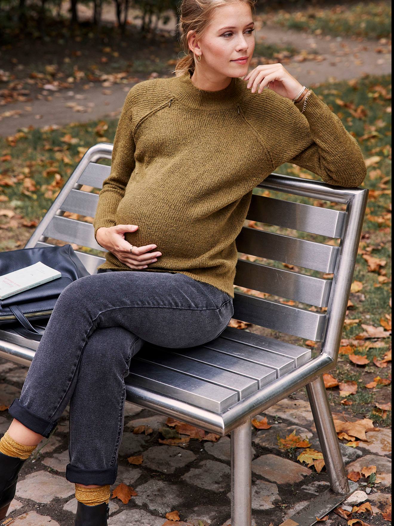 Vertbaudet Strickpullover für Schwangerschaft & Stillzeit - schwarz/beige gestreift