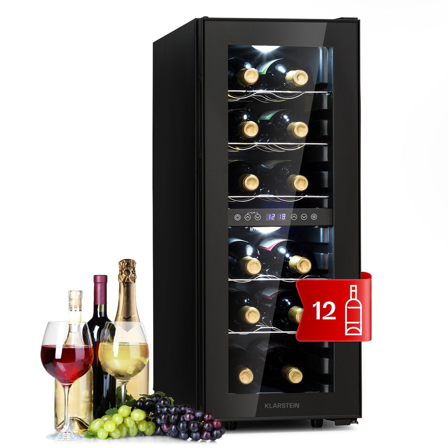 Klarstein Weinkühlschrank Shiraz, für 12 Standardflaschen á 0,75l,Wein Flaschenkühlschrank Weintemperierschrank Weinschrank Kühlschrank