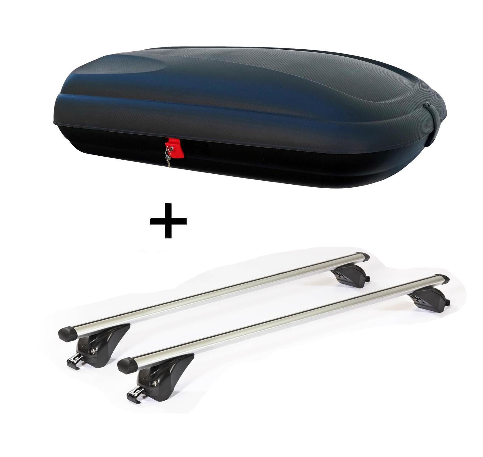 VDP Dachbox, (Für Ihren Opel / Vauxhall Zafira (B) (5 Türer) 5-12, Dachbox und Dachträger im Set), Dachbox VDPBA320 320Ltr carbonlook abschließbar + Dachträger/Relingträger VDP KING1 kompatibel mit Opel / Vauxhall Zafira (B) (5 Türer) 5-12