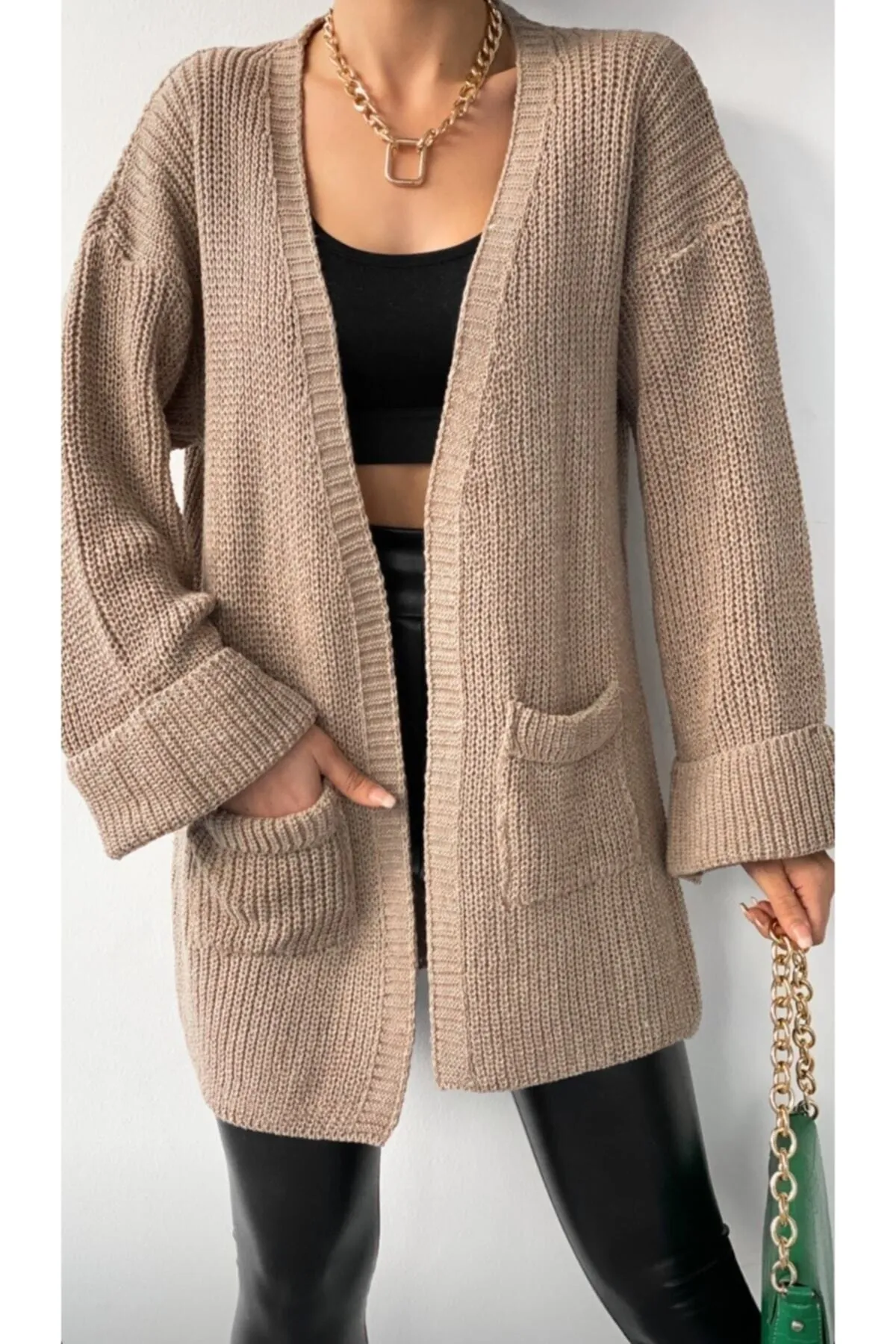 Nazende Stil  Lose Strick-Cardigan für Damen mit gefalteten Ärmeln und Taschen