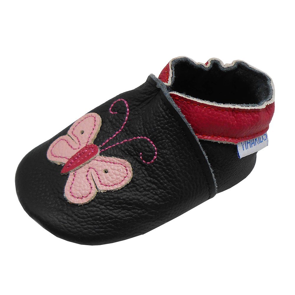 Yalion Weiche Leder Lauflernschuhe Hausschuhe Lederpuschen Schwarz Krabbelschuh