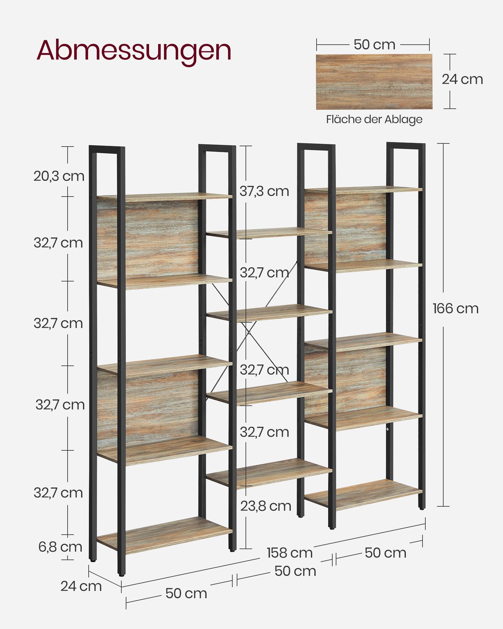 VASAGLE Bücherregal, Leiterregal, 24 x 158 x 166 cm, 14 Ablagen, Metall