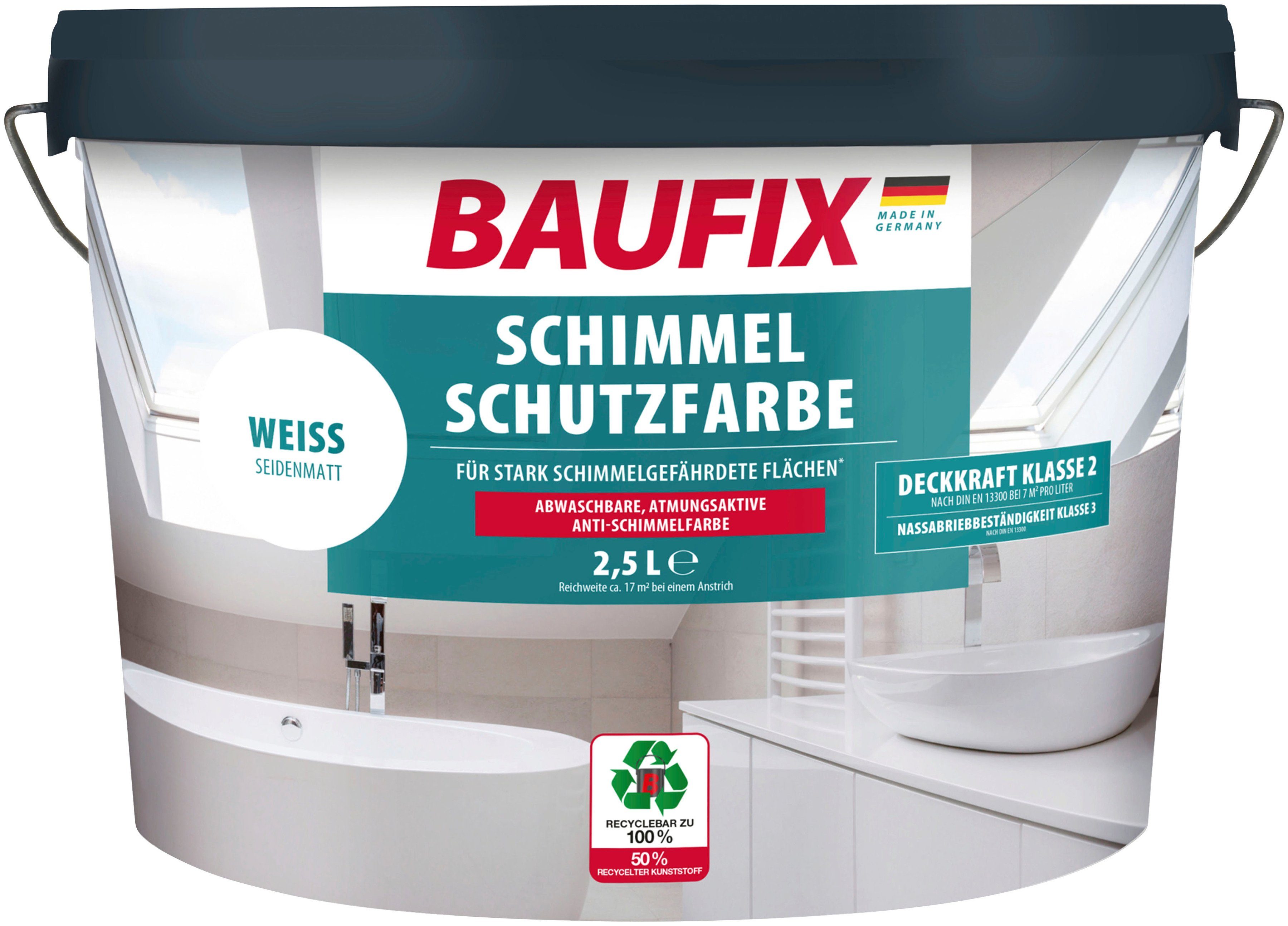 Baufix Feuchtraumfarbe Schimmelschutzfarbe, atmungsaktiv, abwaschbar, anti-schimmel, 2,5L, weiß seidenmatt