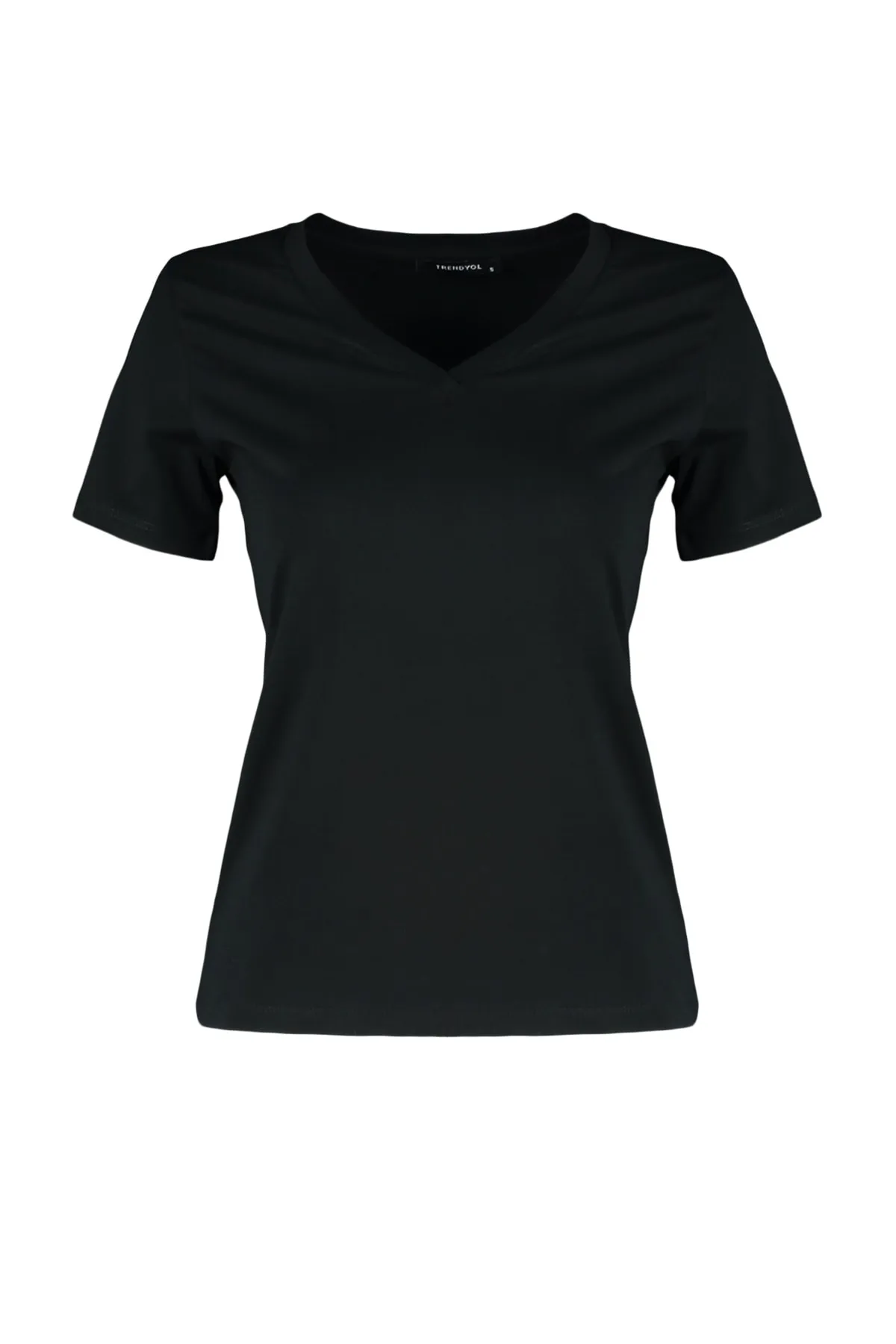 Trendyol Collection  Schwarzes Basic-Strick-T-Shirt mit V-Ausschnitt aus 100 % Baumwolle TWOSS23TS00001