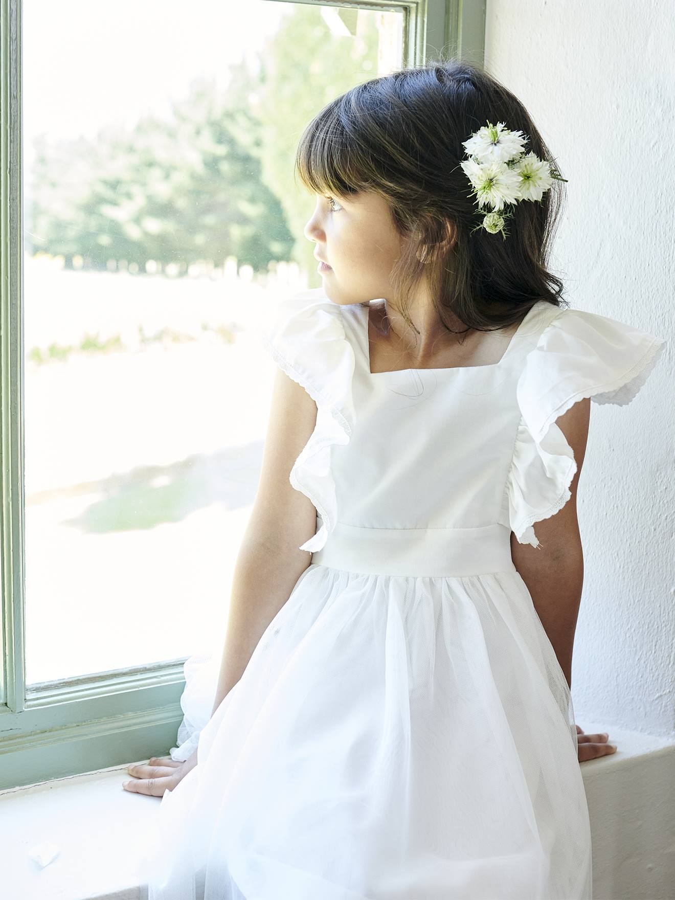 Vertbaudet Festliches Mädchen Volantkleid, Musselin & Tüll - wollweiß