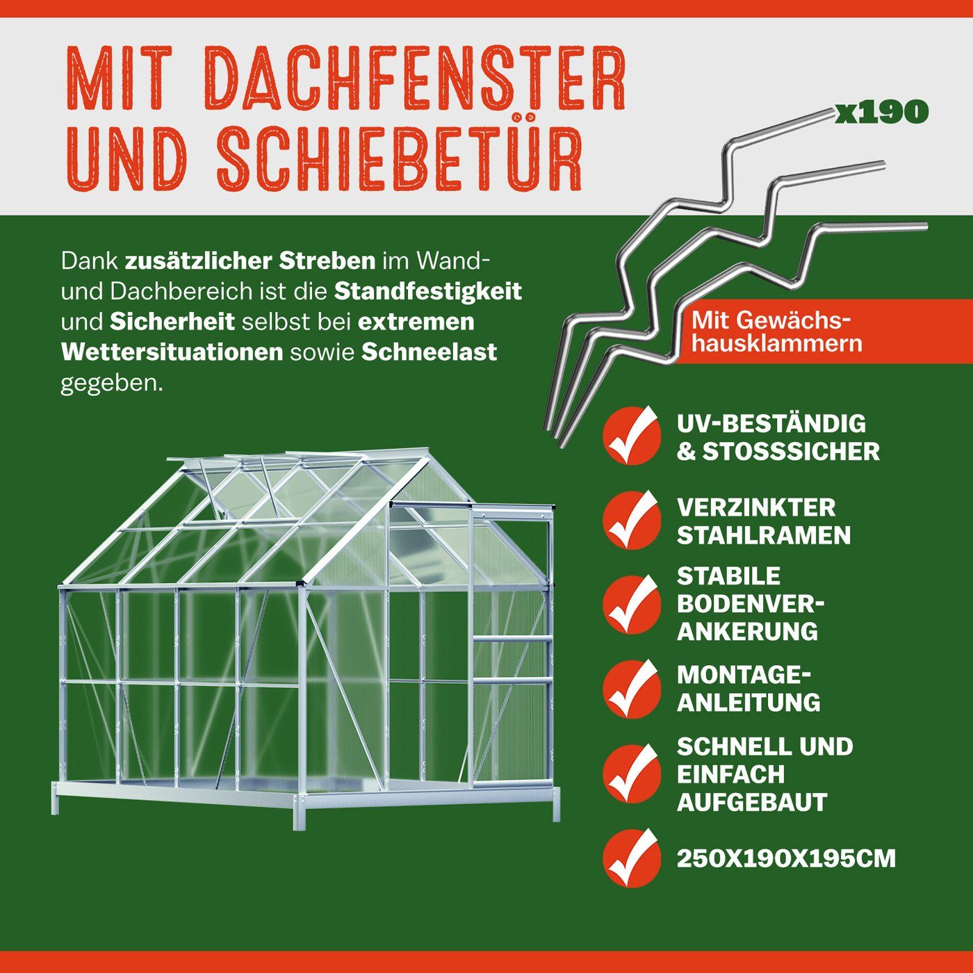Gardebruk Gewächshaus, Aluminium 4,75m² mit Fundament 250x190cm inkl. 2 Dachfenster
