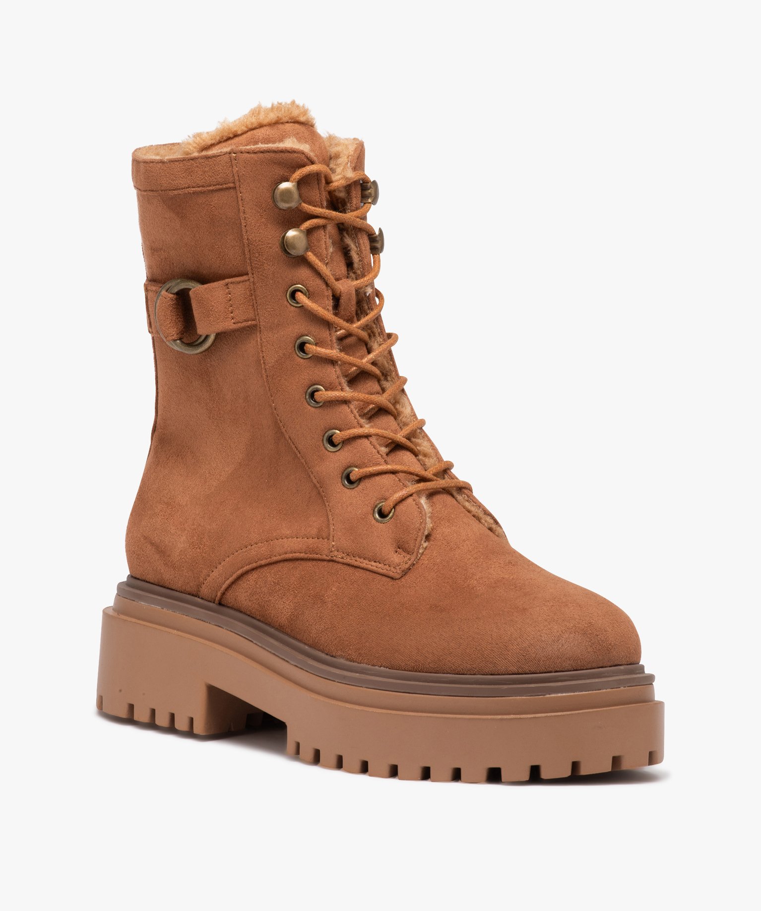 Boots fourrées femme unies en suédine à talon large et à... camel | GEMO