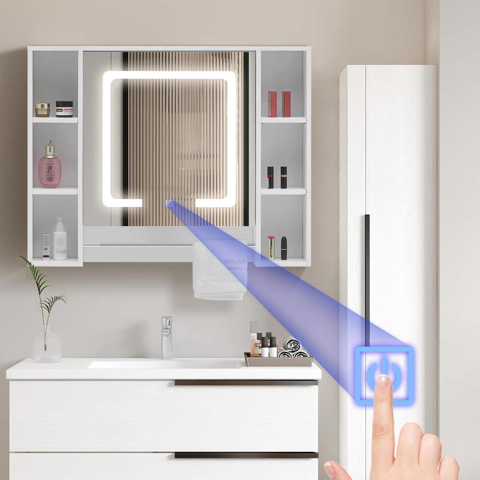 CLIPOP Spiegelschrank Badeschrank mit LED Wandspiegel mit Touchschalter, verstellbaren Regalen & Handtuchhalter