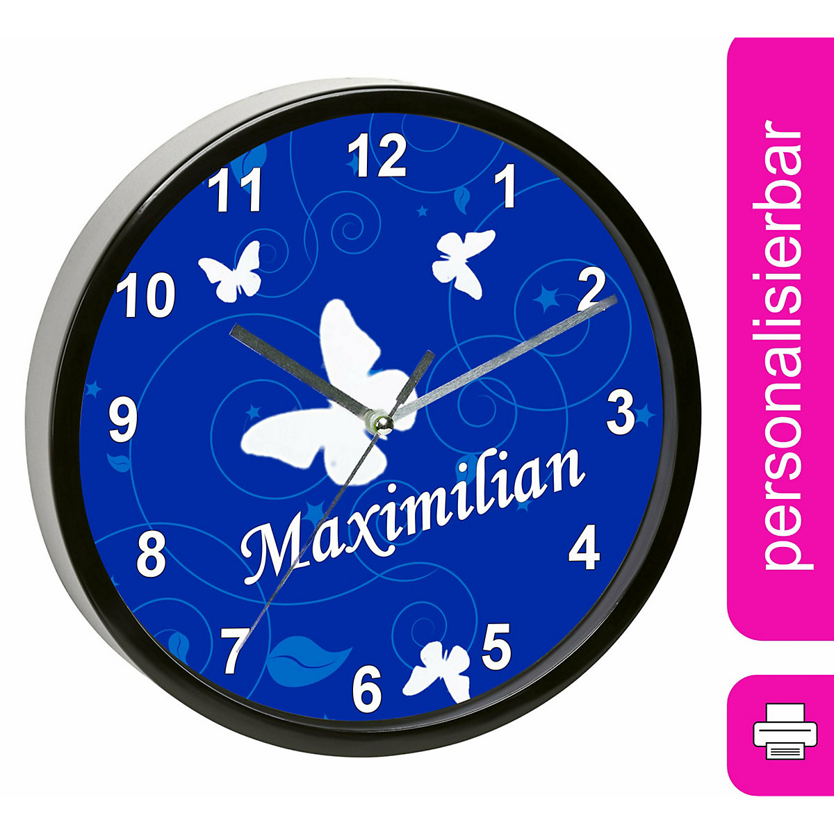 Kinder Wanduhr personalisiert mit Name Schmetterling Ornamente blau