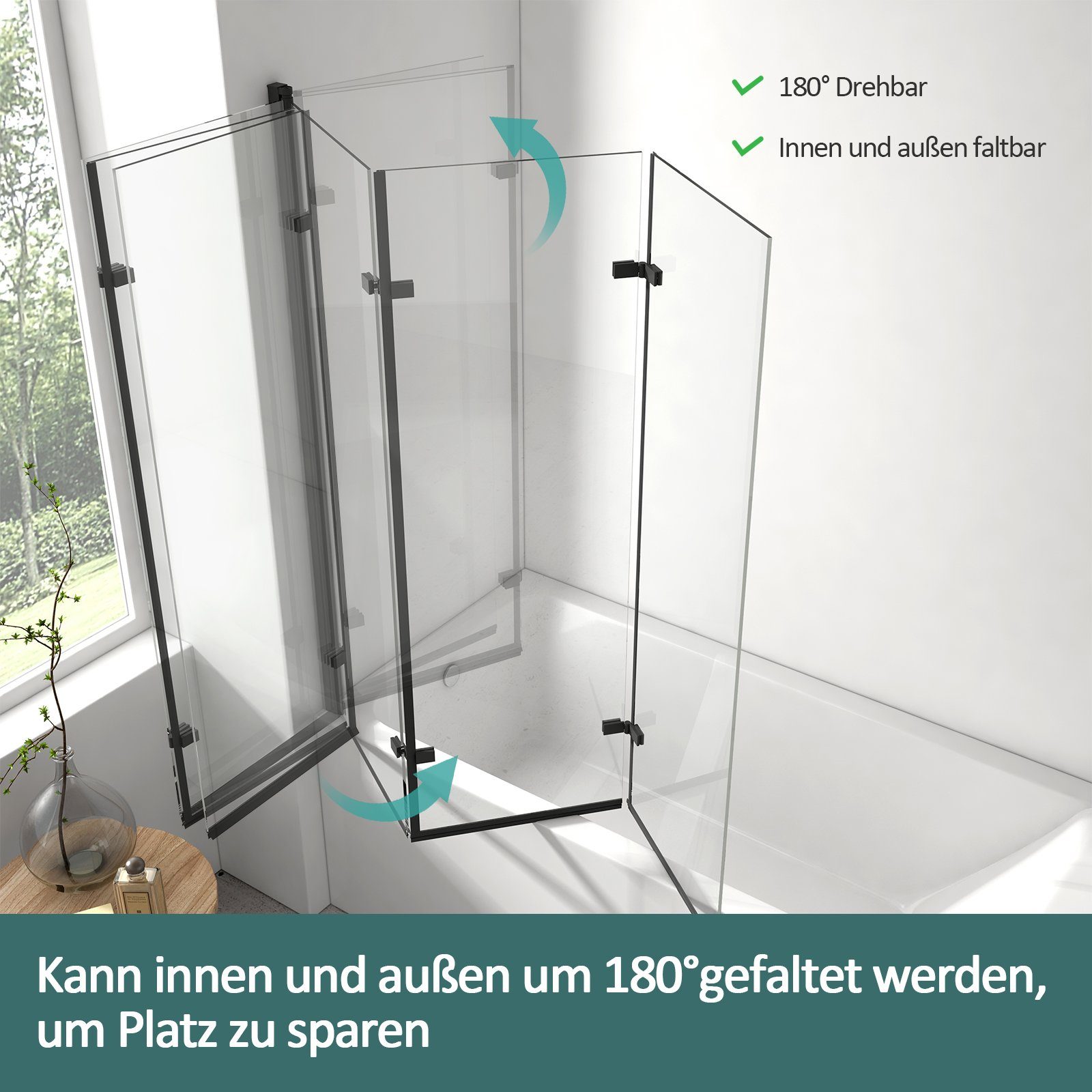 EMKE Badewannenaufsatz Duschwand für Badewanne Badewannen-Duschwand 3-teilig Faltbar Schwarz