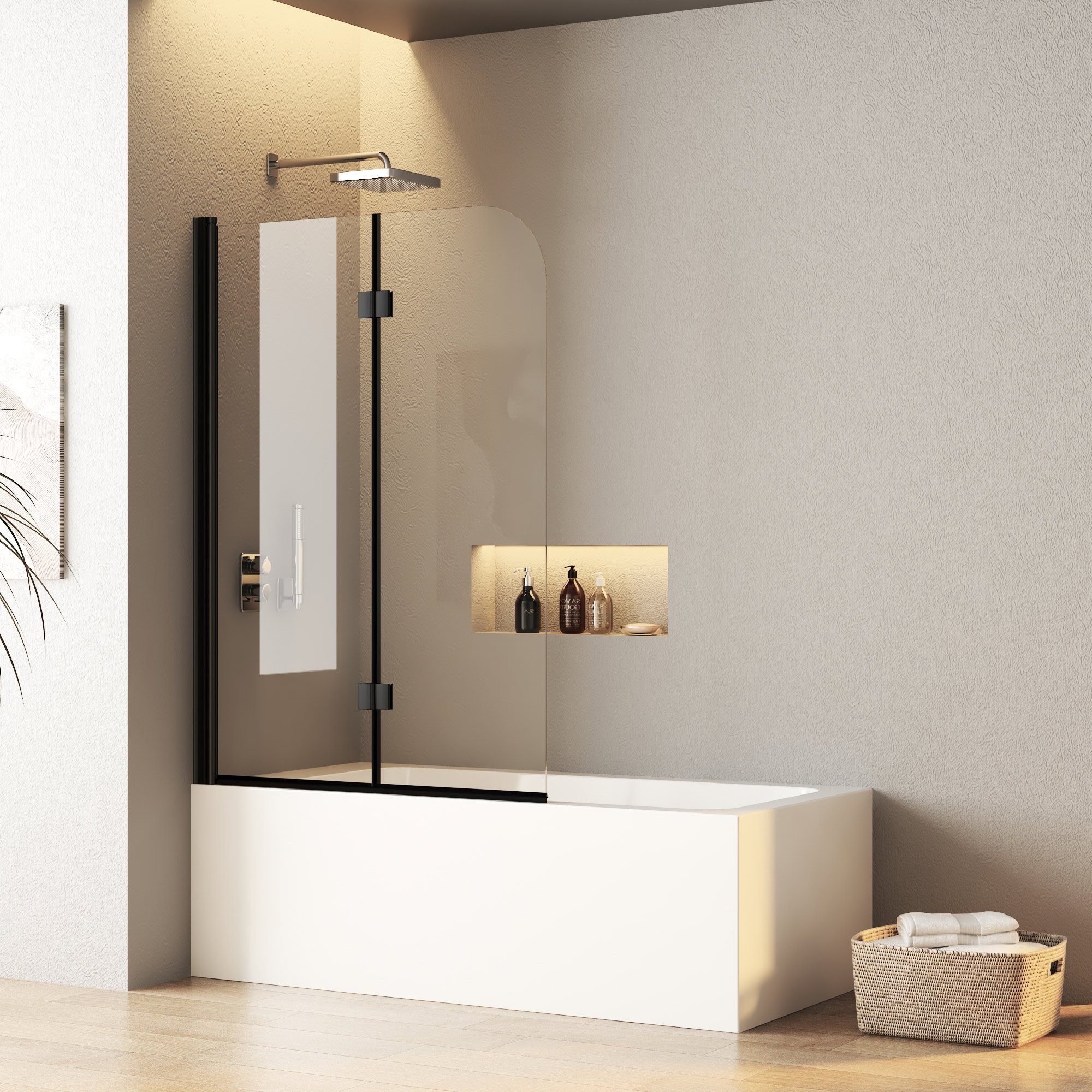 Boromal Badewannenfaltwand Duschtrennwand für Badewanne 100cm 2-teilig Falttür 6mm ESG NANO 140H, Einscheibensicherheitsglas; beidseitiger Nano Beschichtung, hochwertiger glatter Aluminiumrahmen, Hebe-Senk-Mechanismus