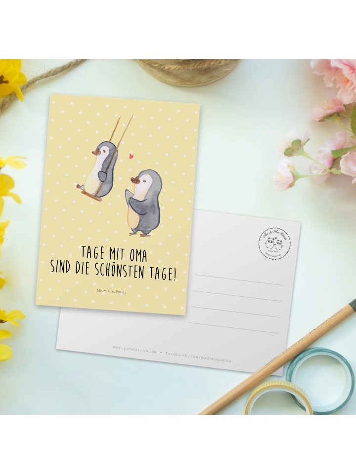 Mr. & Mrs. Panda Postkarte Pinguin Oma schaukeln mit Spruch in Gelb Pastell günstig kaufen onesize