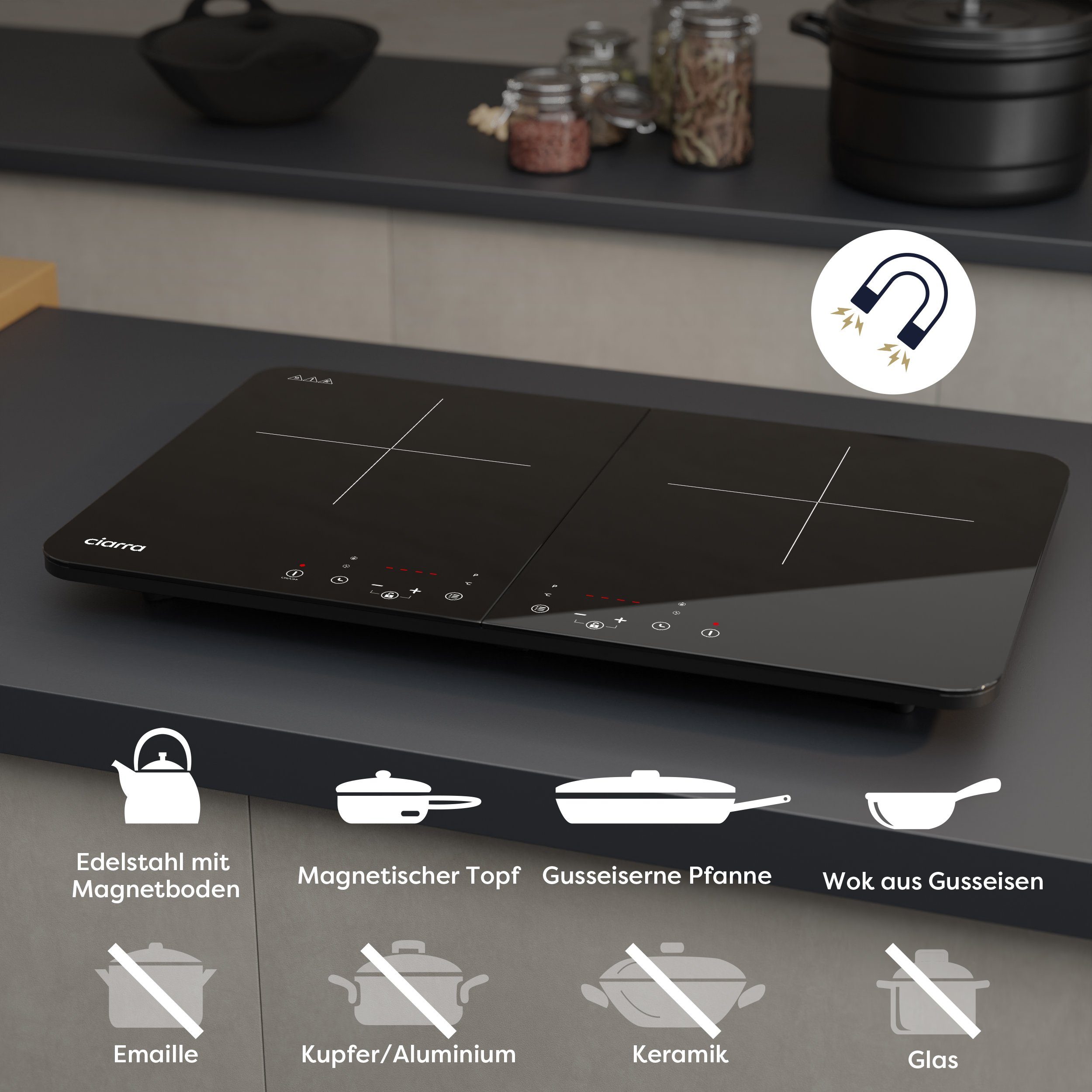 CIARRA Doppel-Induktionskochplatte CBTIH2, Touch Bedienung 9 Stufen Timer