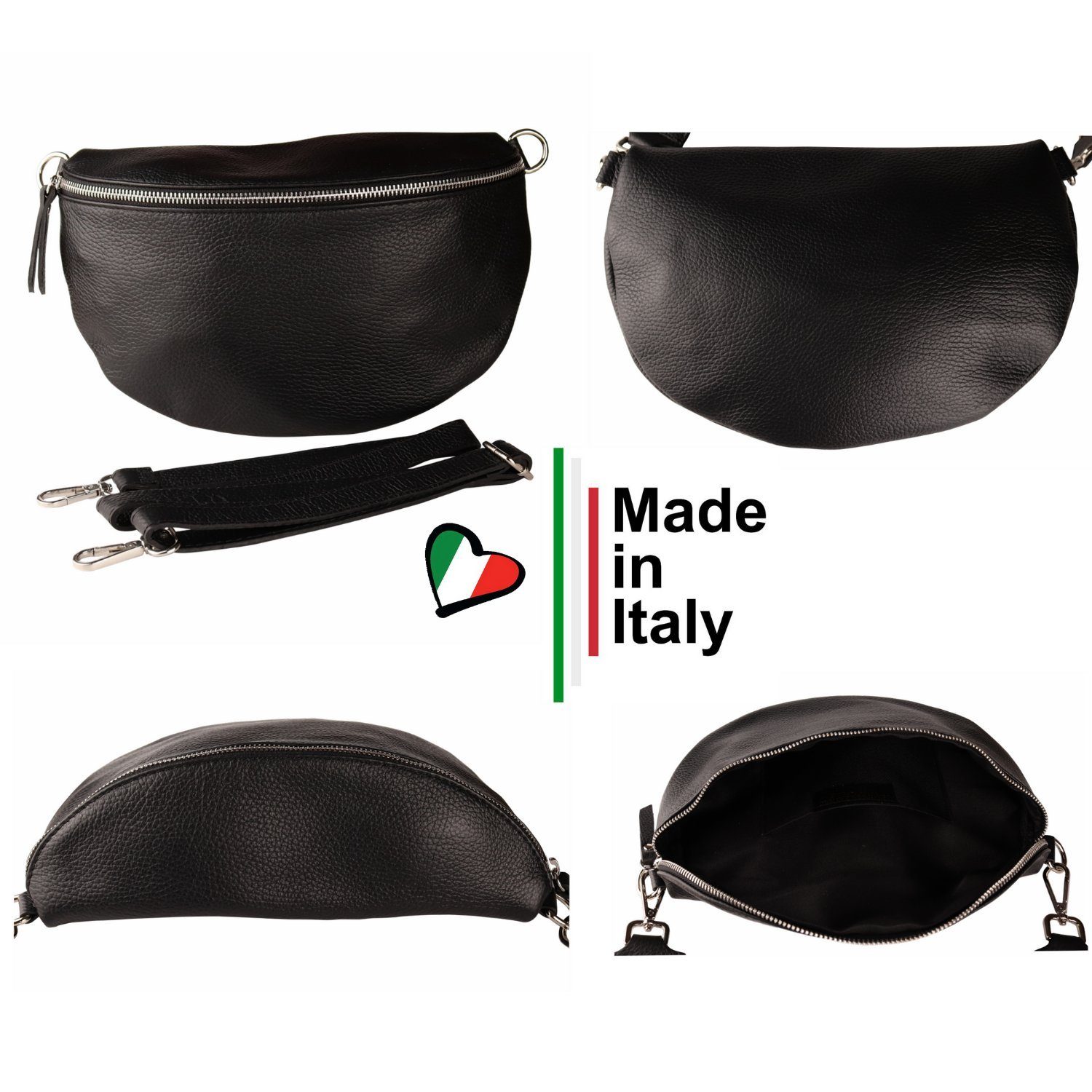 MIRROSI Bauchtasche Damen, Echtleder, Made in Italy, Umhängetasche, Brusttasche, (Schultertasche für jeden Anlass (1 Tasche & 2 Gurte), Crossbody Bag, Schwarz, gemusterten& verstellbaren Schulterriemen