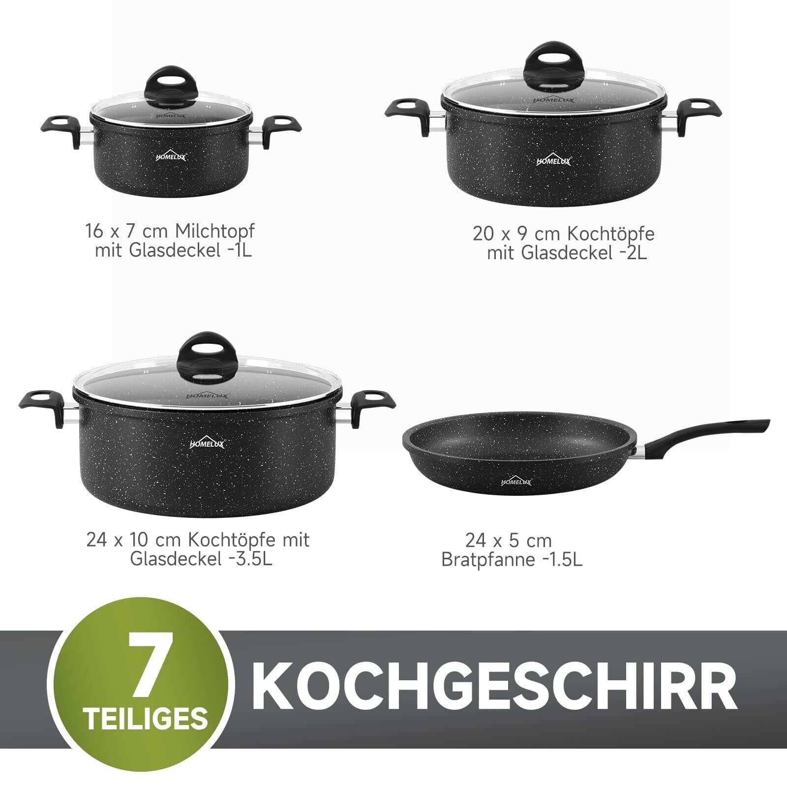 HOMELUX Topf-Set Induktions Töpfe Set, Aluminiumguss Kochtopfset mit Deckel, Aluminium (Set, 7-tlg., Töpfe Set mit Glasdeckel), Induktion