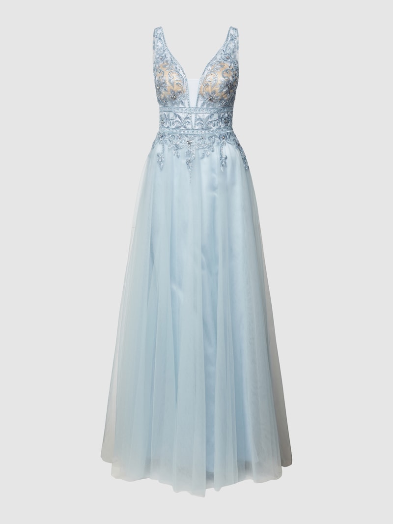 Abendkleid mit floraler Spitze in hellblau