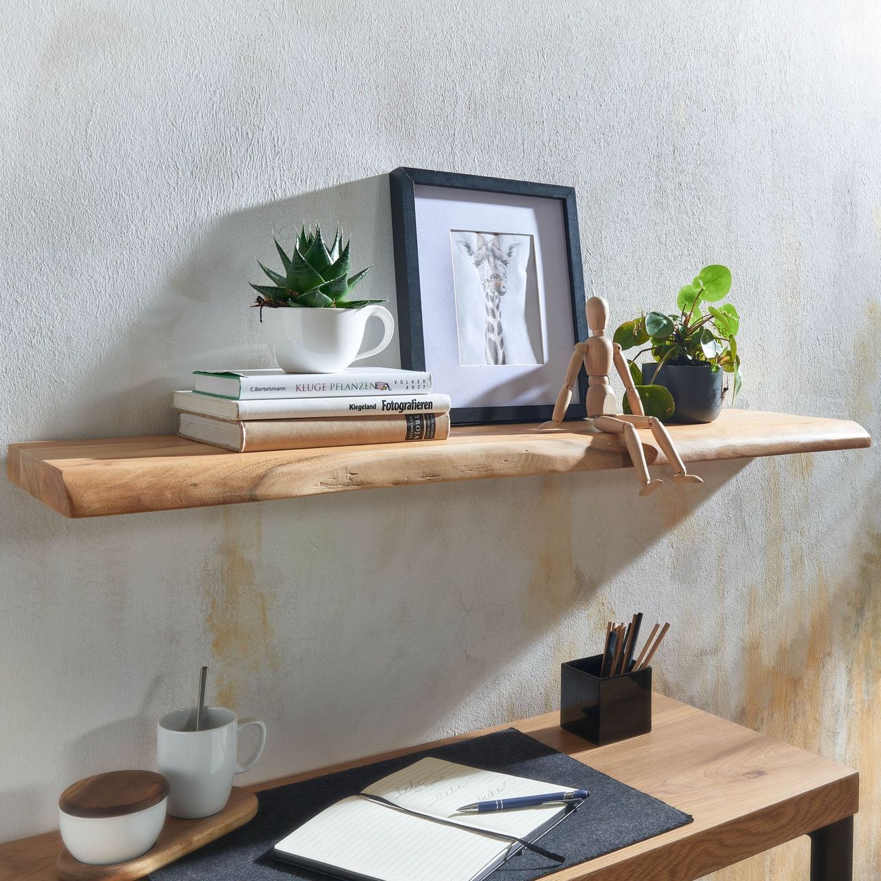 Skyport WOHNLING Wandregal Baumkante Akazie Holz Design Schweberegal 100 cm Regal Massiv